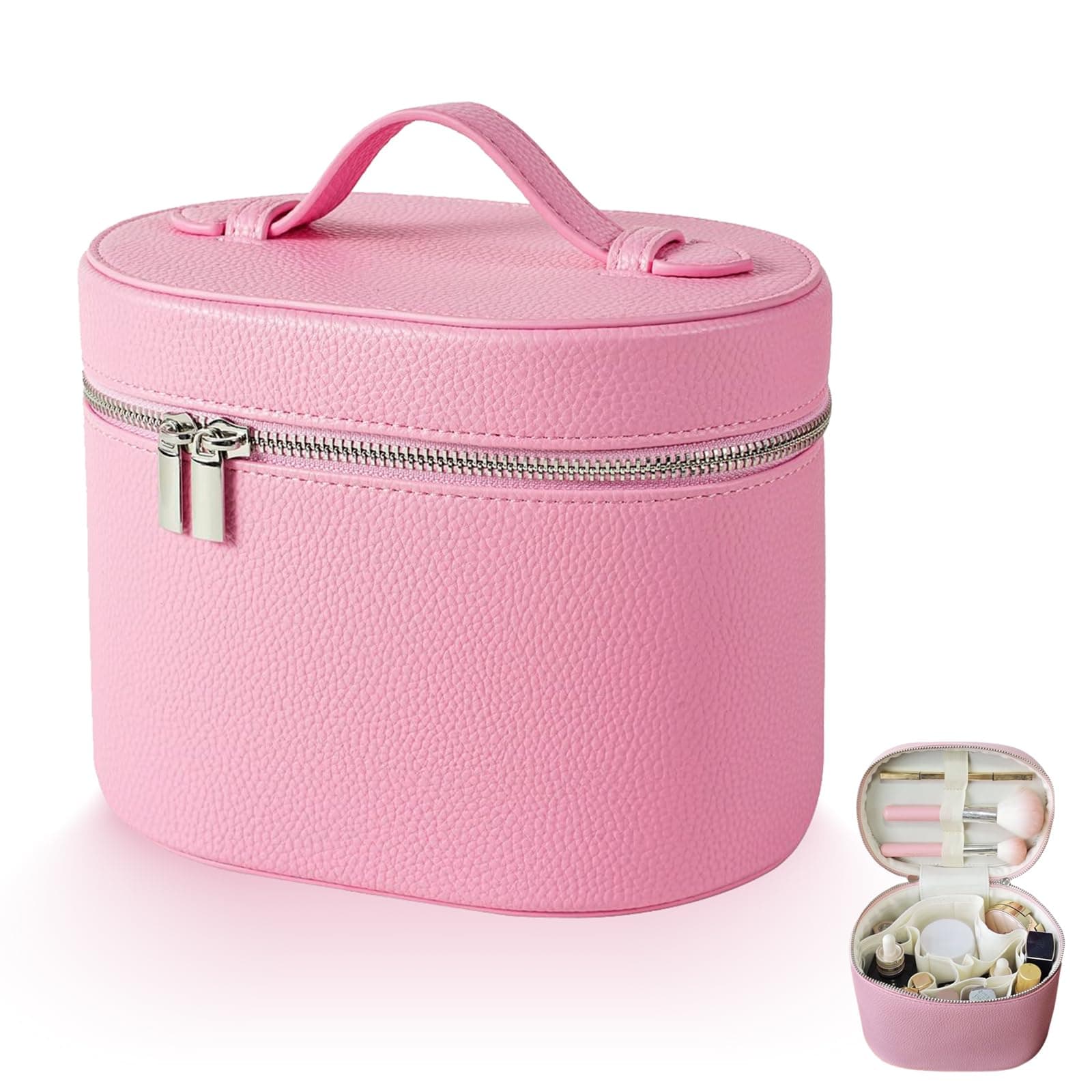 JOVOLIFE Leather Makeup Bag for Women – Waterproof Cosmetic Bag with Elastic Brush Straps, Double Zipper, Interior Divider & Carry Handle, Pink, 8 x 5.7x 6 inches, Leather