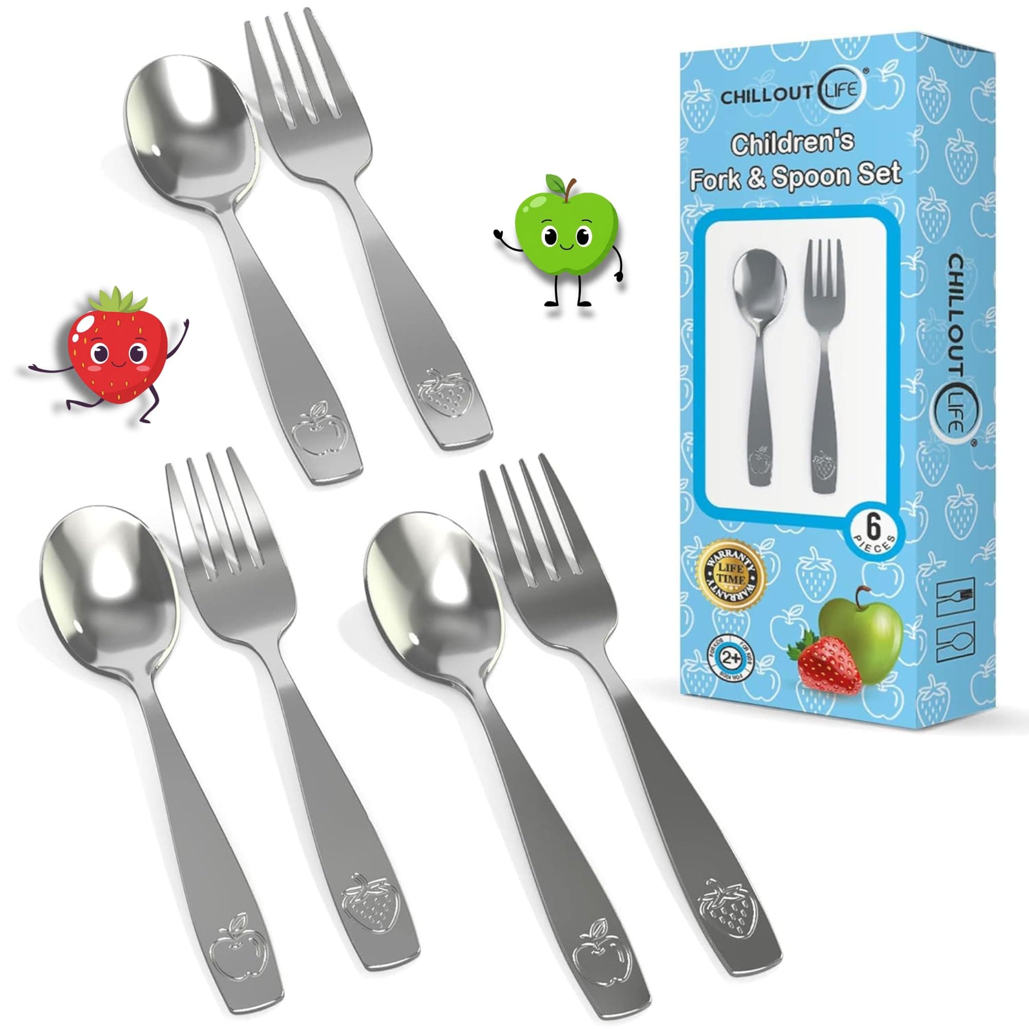 CHILLOUT LIFE 6 Piece Stainless Steel Kids Silverware Set - Child Safe Flatware - Kids Utensil Set - Metal Kids Cutlery Set Includes 3 Small Kids Spoons and 3 Forks