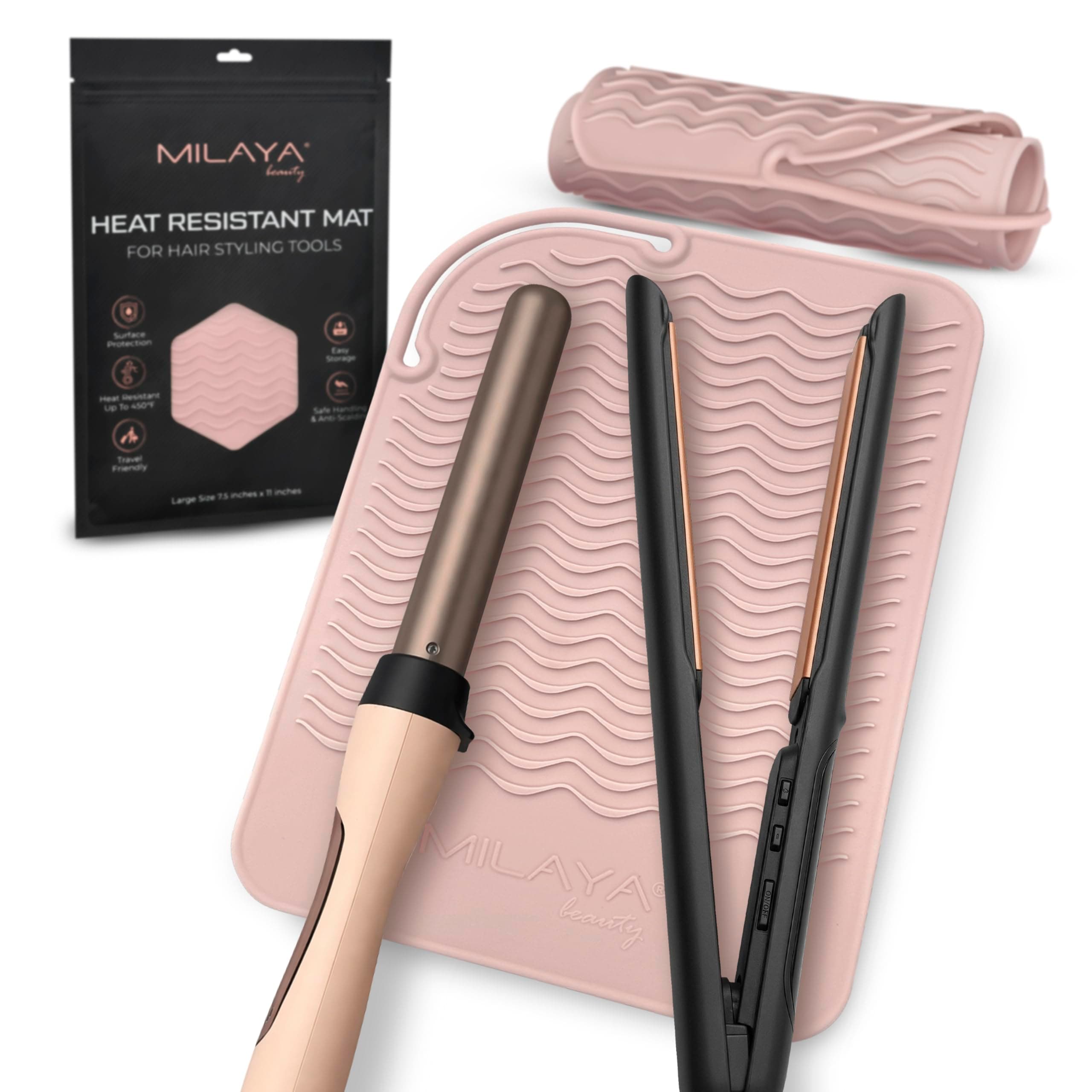 Milaya Beauty Professional Hot Heat Resistant Styling Station Mat for All Hair Irons Curling Iron Straightener Pad Iron Flat Hair Waver Hair Tools Appliances Hair Dryer Salon Tools Rose Gold Blush