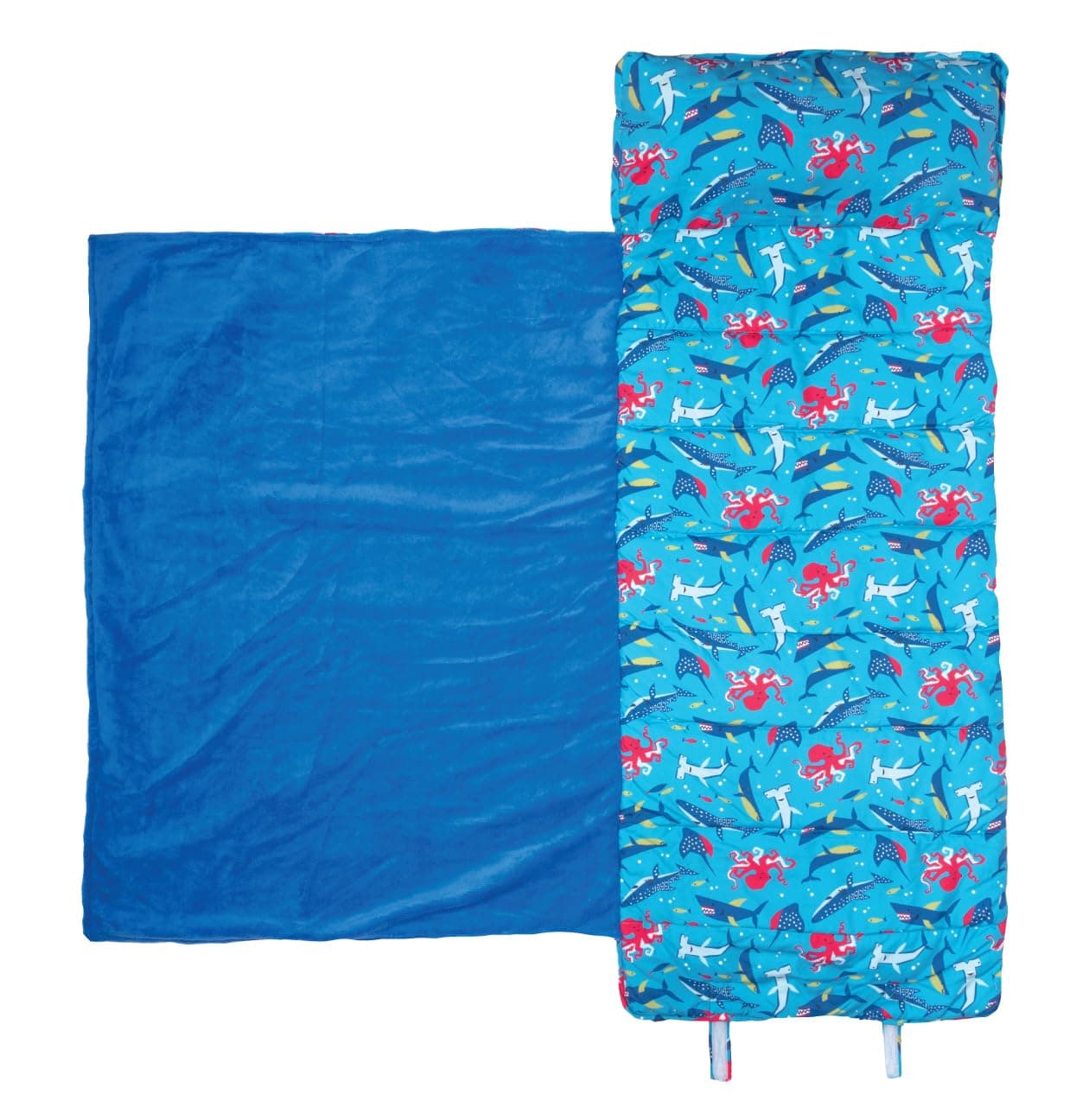 Stephen Joseph, Toddler All Over Print Nap Mat with Soft Blanket and Removable Pillow for Boys & Girls, Kids Sleeping Bag for Elementary, Daycare, Preschool with Carry Handle, Blue Shark