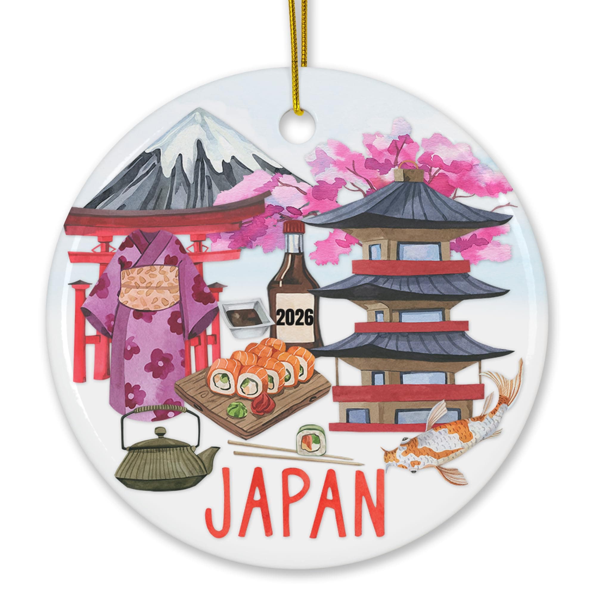 Japan 2026 Souvenir Travel Collage City Icons Scene Christmas Ornament, 3-Inch Round Ceramic