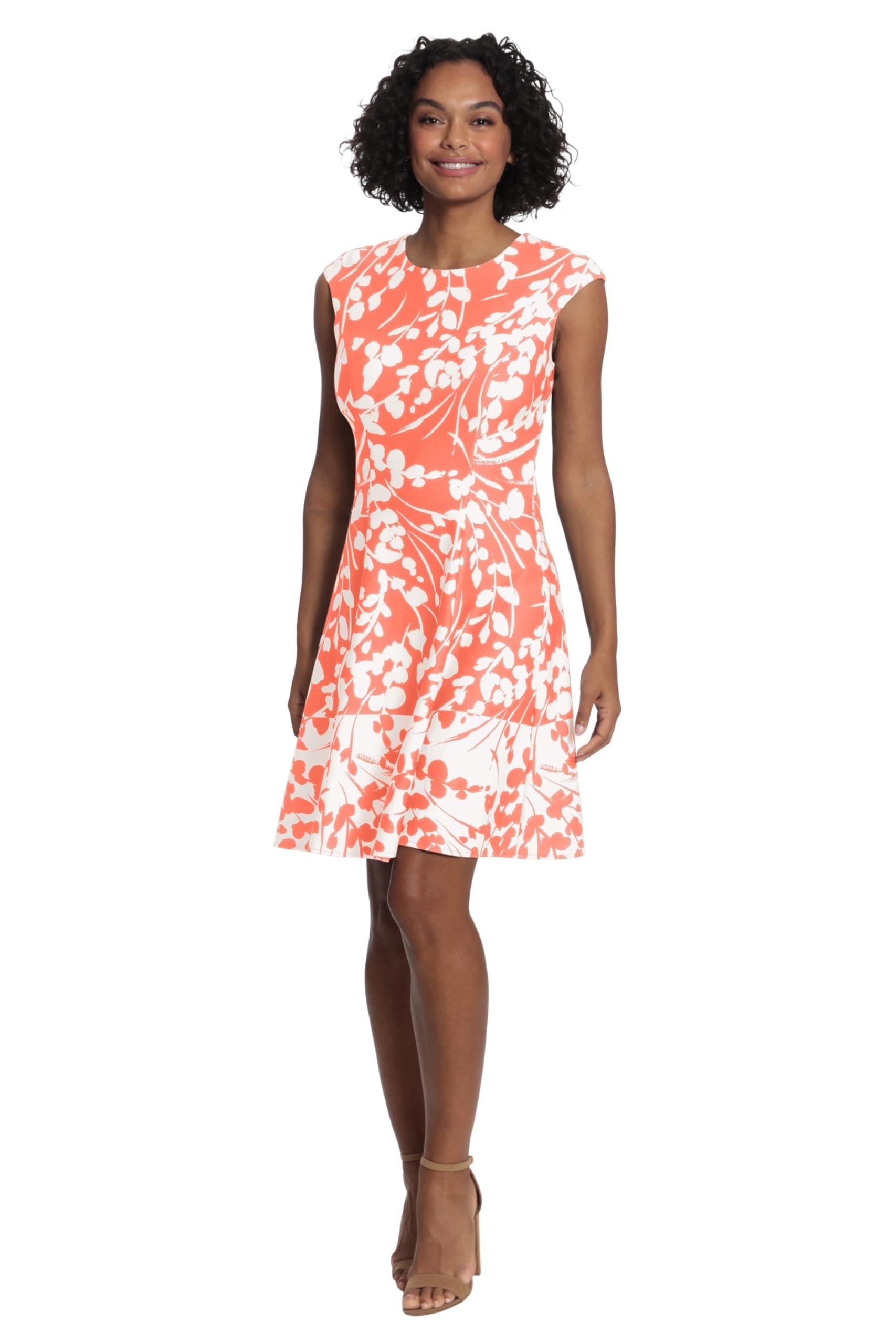 London Times Women's Cap Sleeve Fit and Flare-Elegant Summer Cocktail Graduation Garden Party Wedding Guest Dress, Coral Quartz, 12