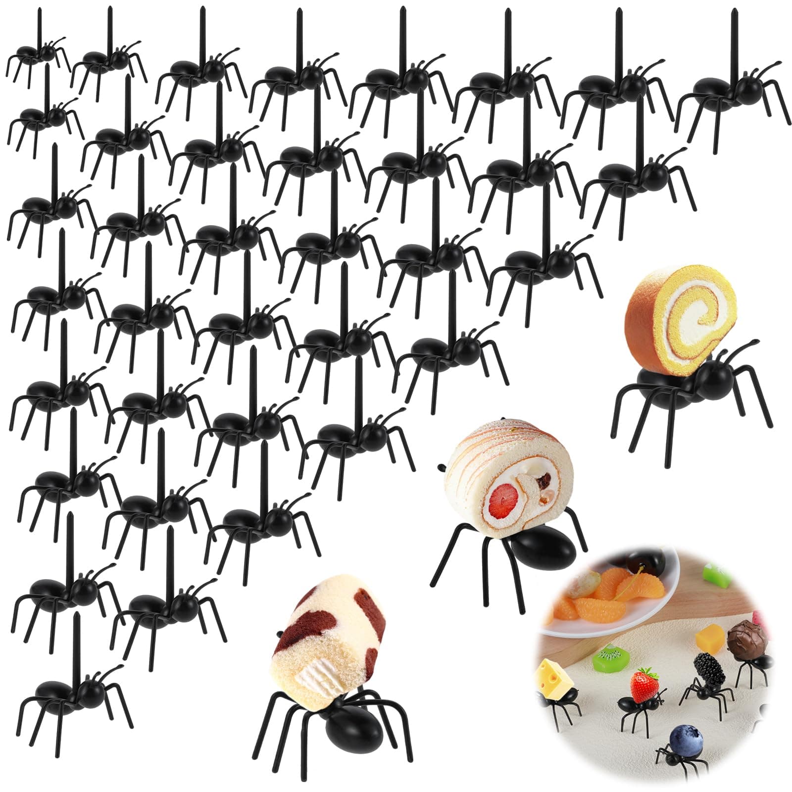 Abeillo 36Pcs Black Ant-Shaped Fruit Forks, 4x4x4cm, ABS Plastic, Perfect for Bug-Themed Parties, Picnics, or Halloween, 16cm Packing Size