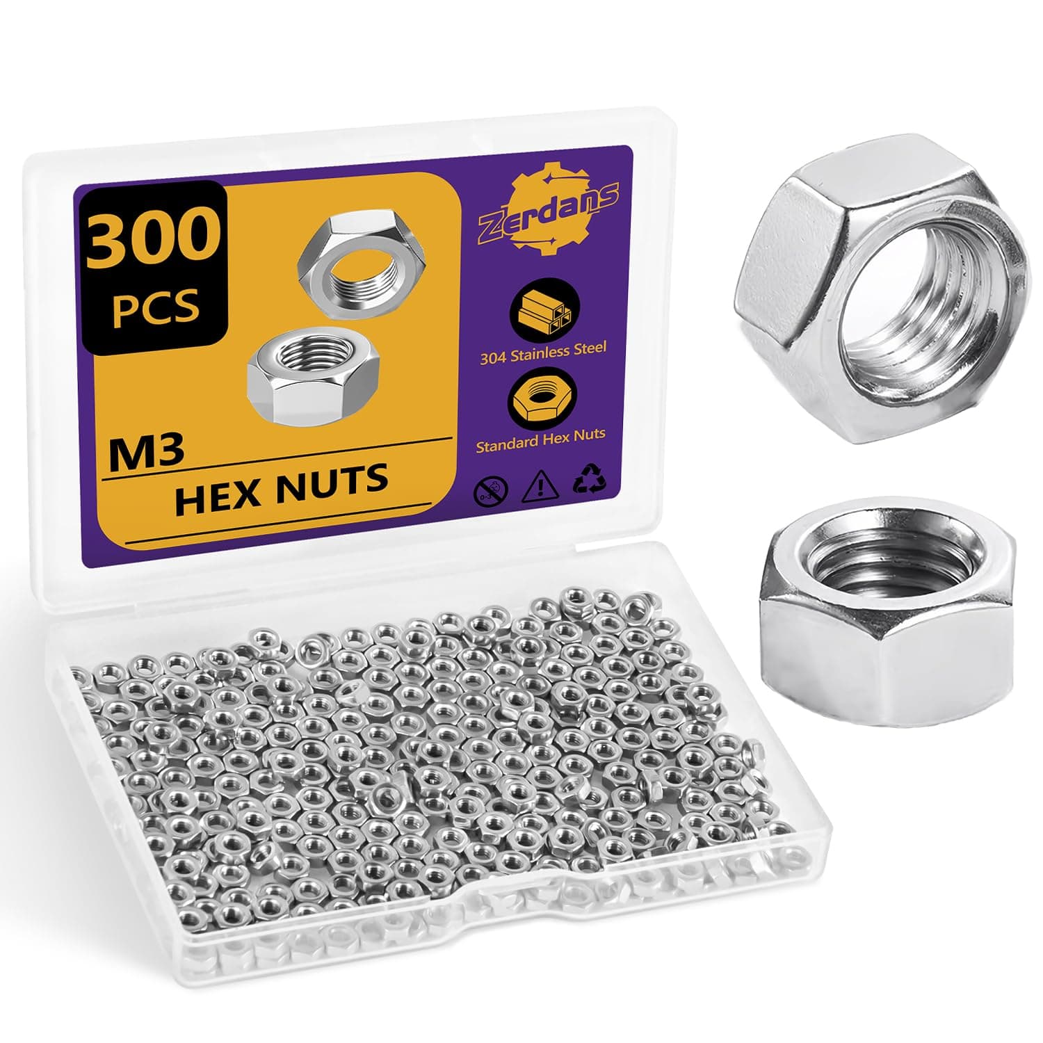 M3 Hex Nuts, 300Pcs Metal Nuts,(18-8) 304 Stainless Steel Nuts Set, Assorted Hardware Nuts Sets for Bolt for Furniture, Car and Construction