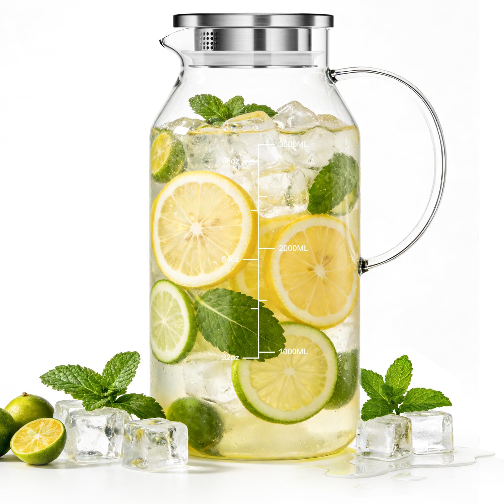 Aofmee Glass Pitcher with Lid and Handle, 128oz Cylinder