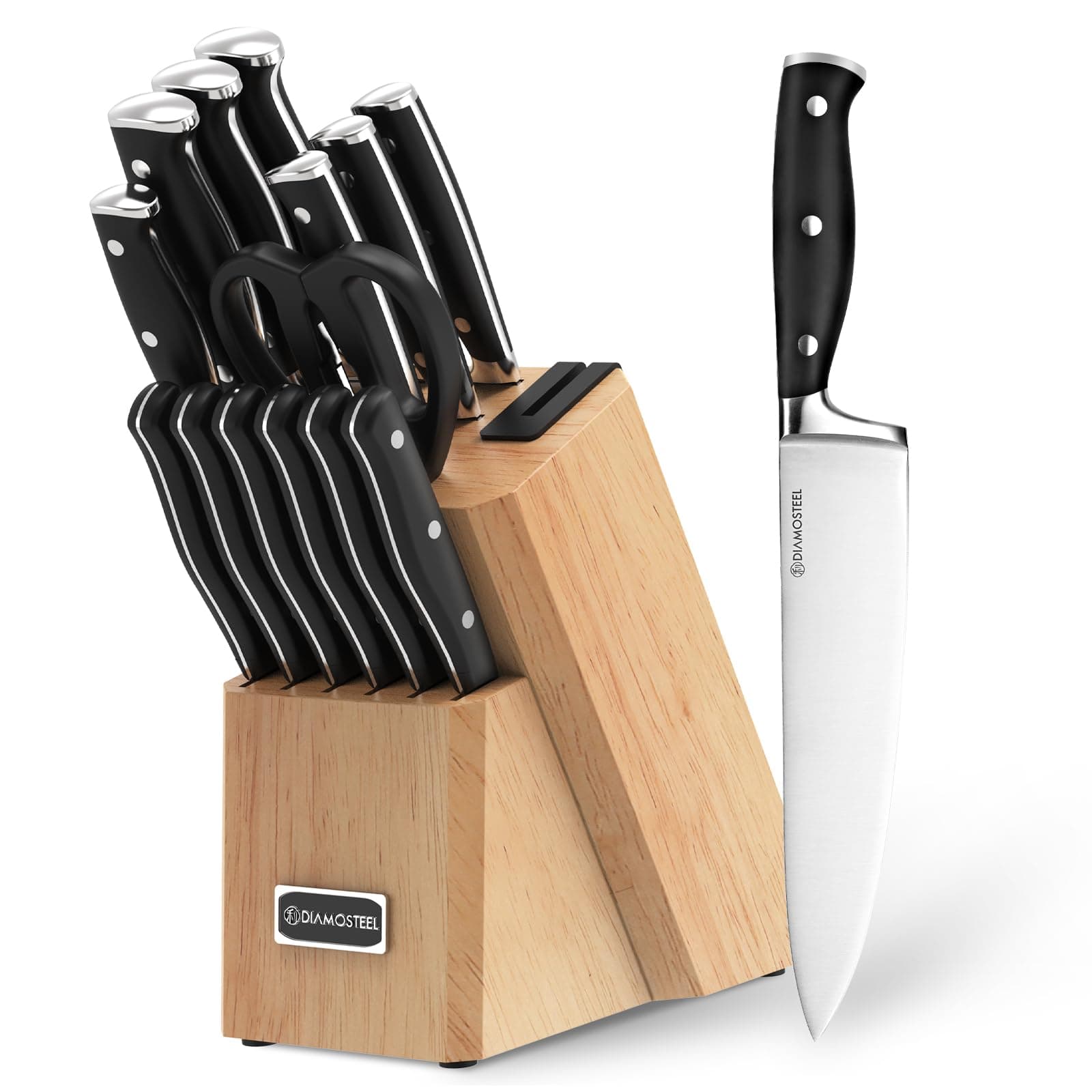 diamosteel Kitchen Knife Block Set, 15 Pcs Knife Set with Block and Sharpener Scissors for Kitchen, High Carbon Stainless Steel Knife Set (Natural)