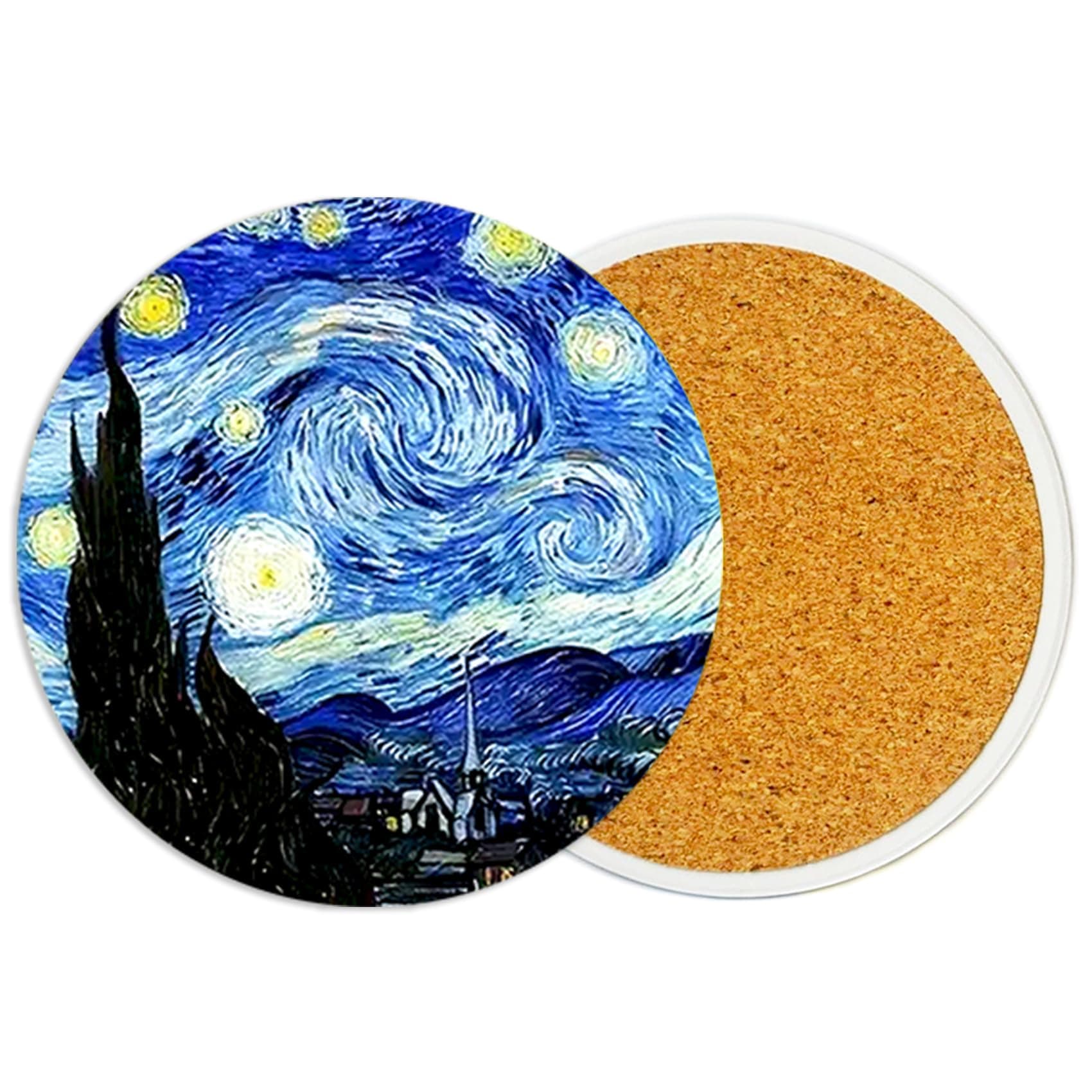 2Pcs Oil Painting Ceramic Coaster with Cork Base Absorbent Cup Mat to Drink