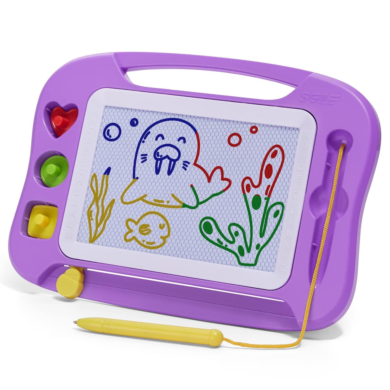 SGILE Large Magnetic Drawing Board, 10×7in Writing Painting Doodle Pad with 3 Stamps for Toddlers, Learning Educational Toy Etch Sketch Gift for 36+ Month Kids Girls Boys, Purple