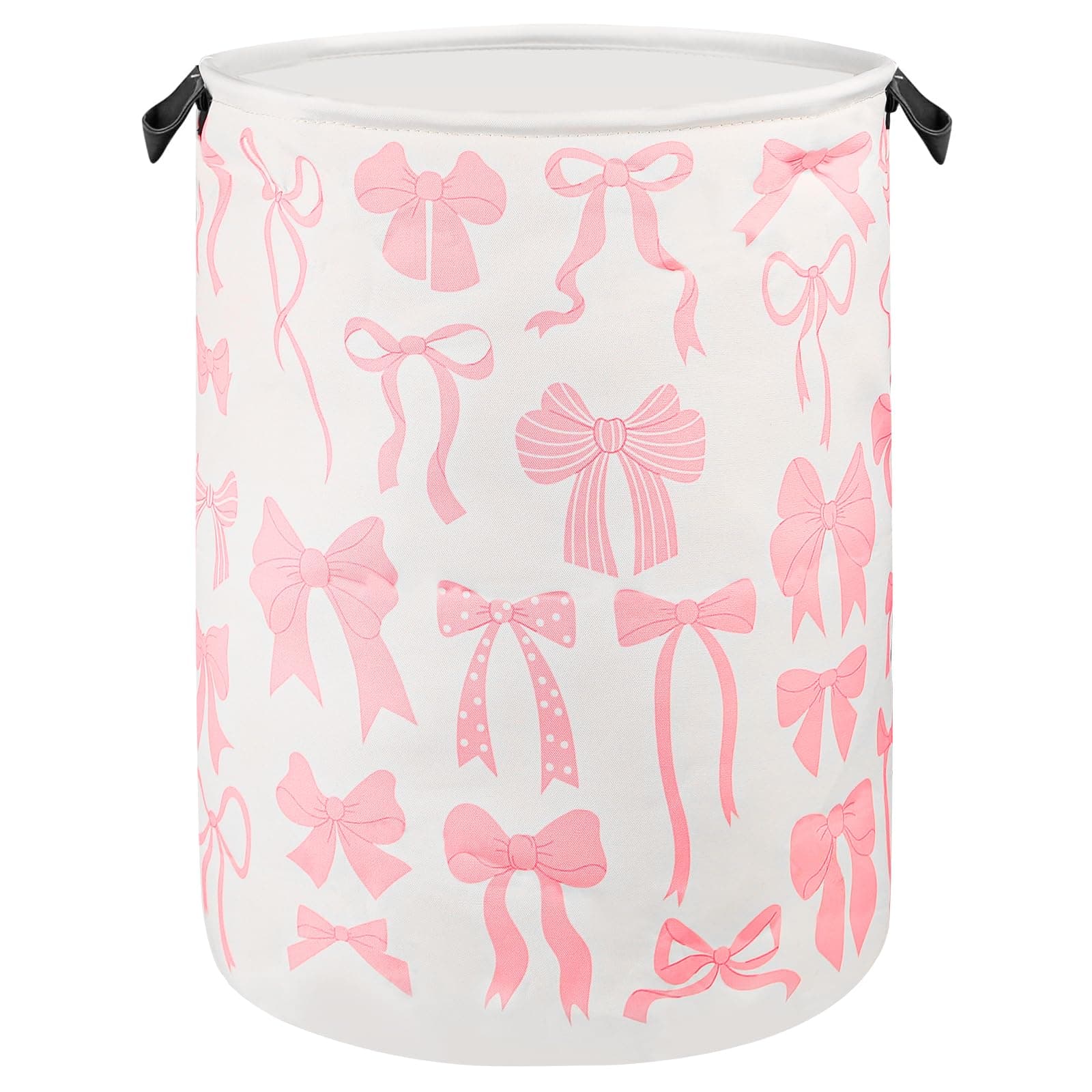 Pink Bow Laundry Basket Cute Girls Nursery Hamper Baby Storage Bag Foldable Kids Toy Bin Gift for Bathroom Bedroom Decor, 17.71"x13.77"