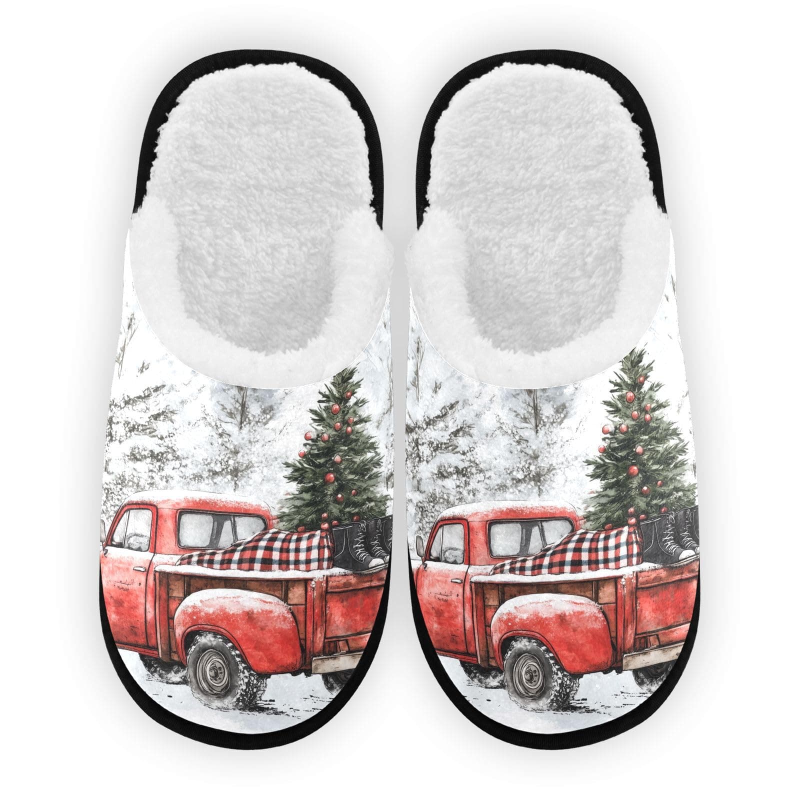 KOPIRIT Christmas Tree Red Truck Slippers for Women Men Soft Washable Spa Slippers Comfy Indoor Travel Slipper for Bedroom Hotel Guest Travel Bride,M, Mulit, Large