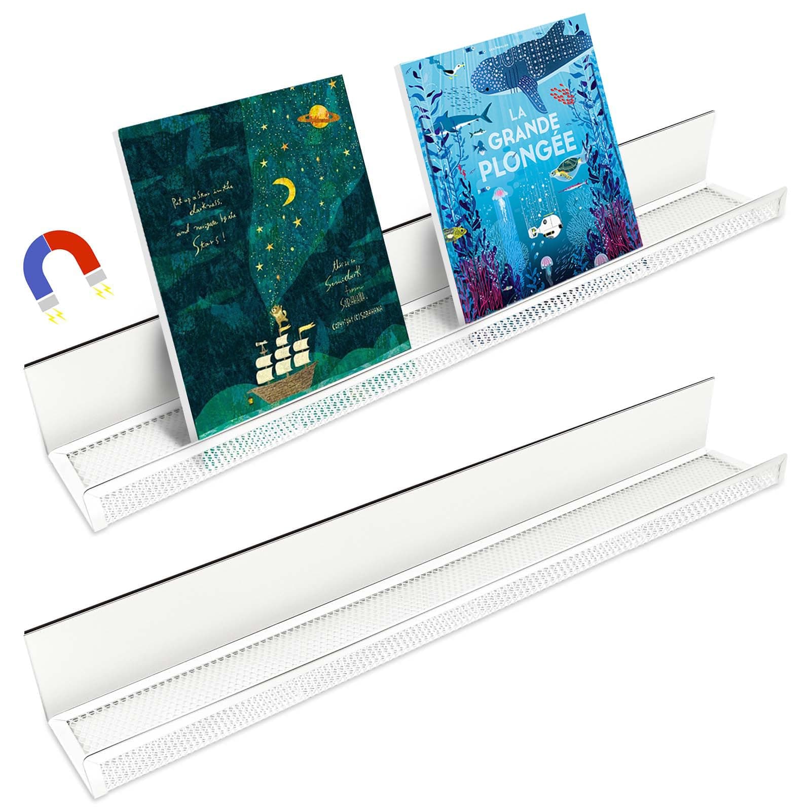 2 Pack Magnetic Book Shelf for Whiteboard Classroom, 17IN White Metal Floating Book Display Shelves Heavy Duty Magnetic Bookshelf Holder Refrigerator Organizer for Kid Room Office Teacher Storage