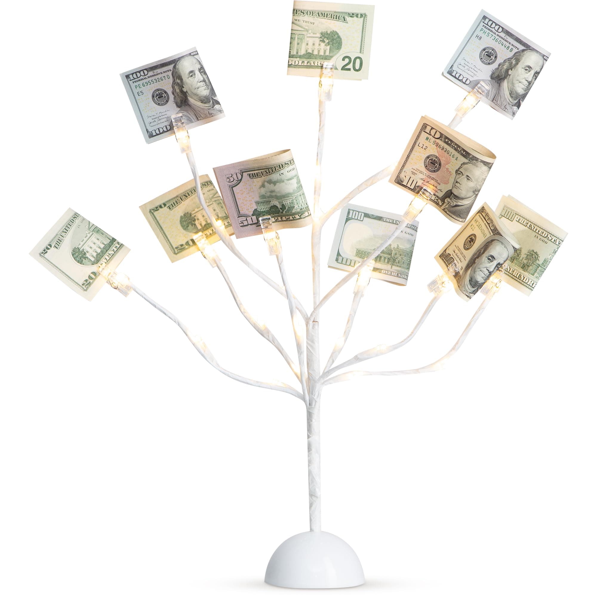 CraftyCrocodile LED Gift Card Tree Holder - Metal Display Stand with 10 Flexible Clips for Photos, Money, Lottery Tickets, Cards & Notes - 25 Warm Lights