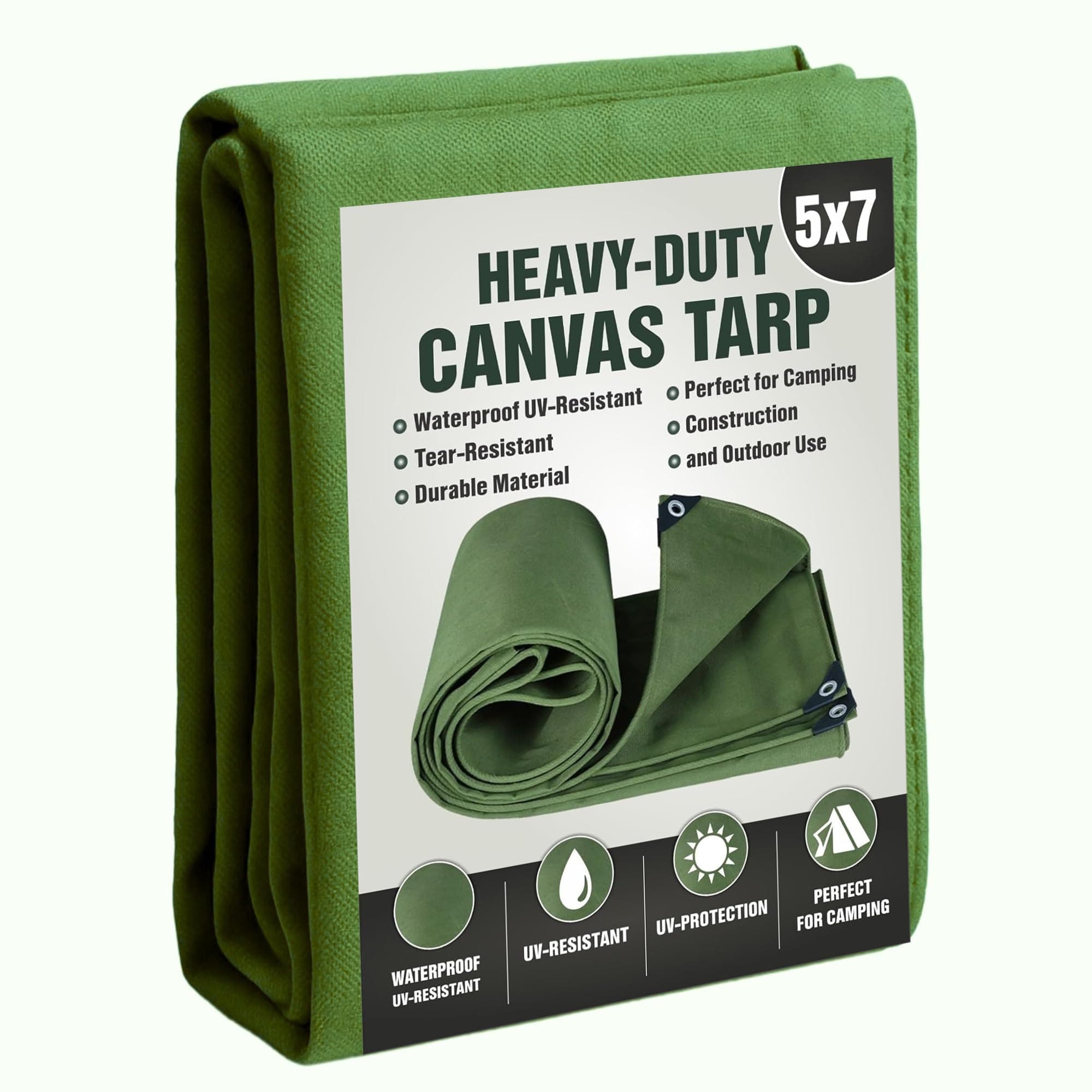 XENTRAA Heavy-Duty Green Canvas Tarp 5x7 – Durable, Water-Resistant, UV Protection, Reinforced Edges – Perfect for Camping, Construction & Home Use