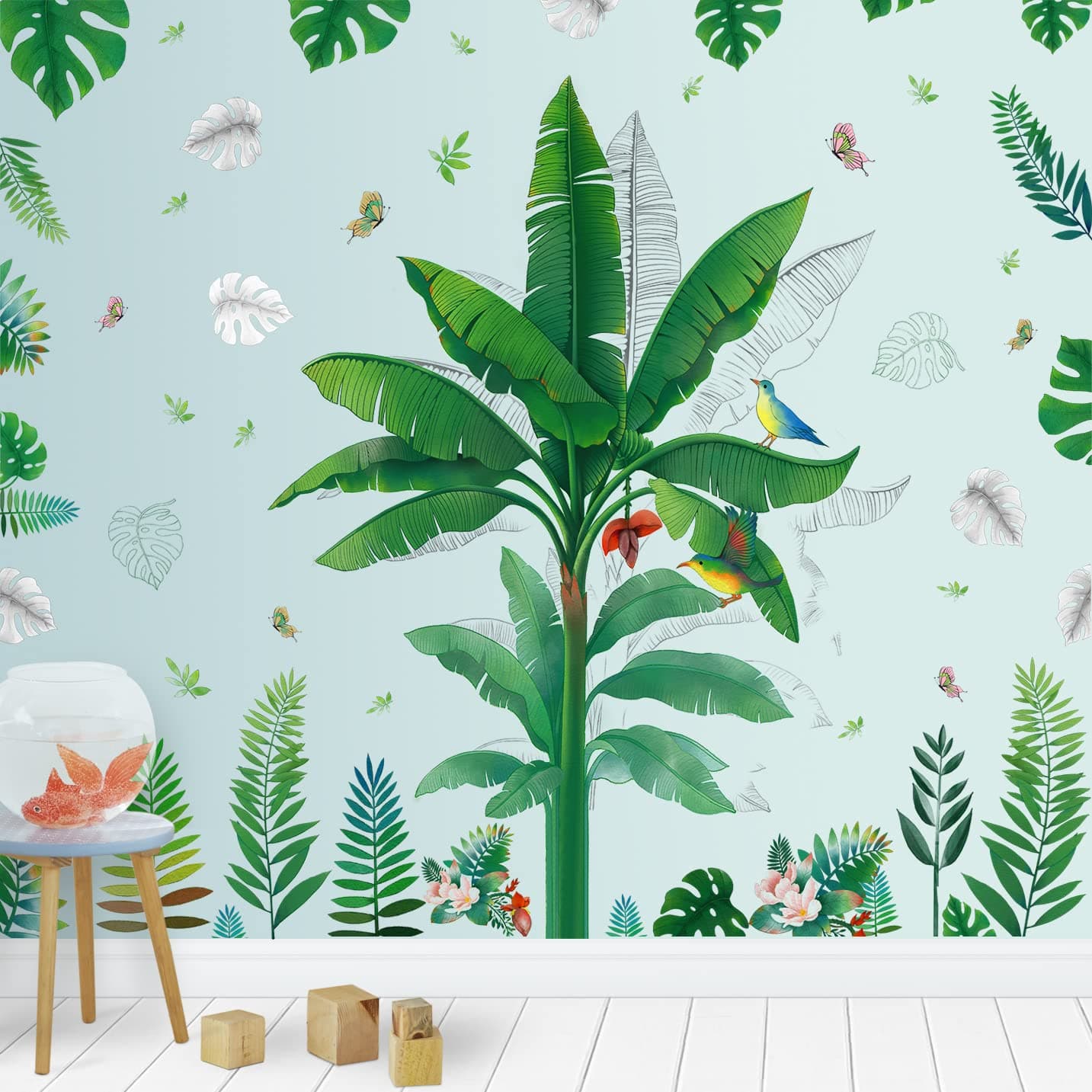 RAINBOW WSK RW-98002 Giant Green Tree Wall Decals 3D Tropical Leaf Flowers Stickers DIY Removable Branches Leaves Butterfly Plant Decor for Kids Bedroom Living Room Nursery Office Decoration