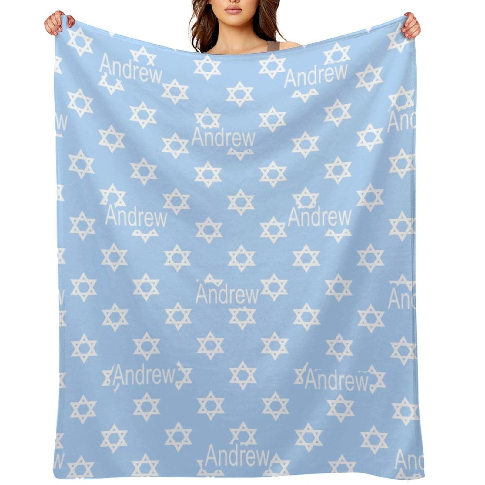 SHYESOP-ey Custom Name Blue Hanukkah Stars Pattern Baby Blanket, Flannel Blanket, Baby Nursery Swaddling Blankets, Suitable for Children, Boys and Girls, Kid's Birthday Gift 30X40 Inches