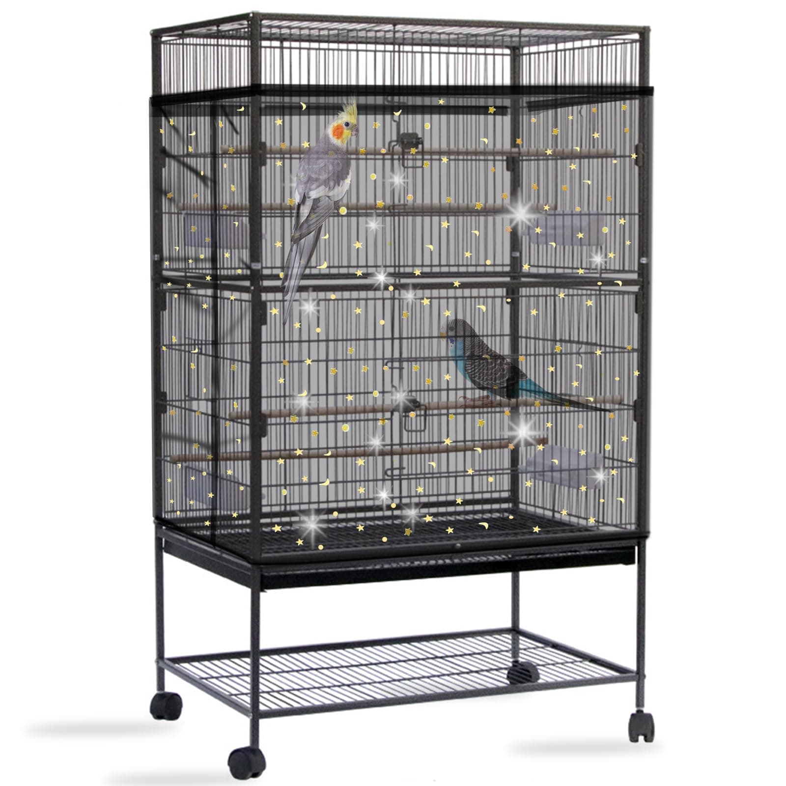 Daoeny Bird Cage Seed Catcher, Large Bird Cage Cover, Adjustable Soft Airy Nylon Mesh Net, Birdcage Cover Skirt Seed Guard for Parrot Parakeet Macaw African Round Square Cages (Black, Sequins Star)