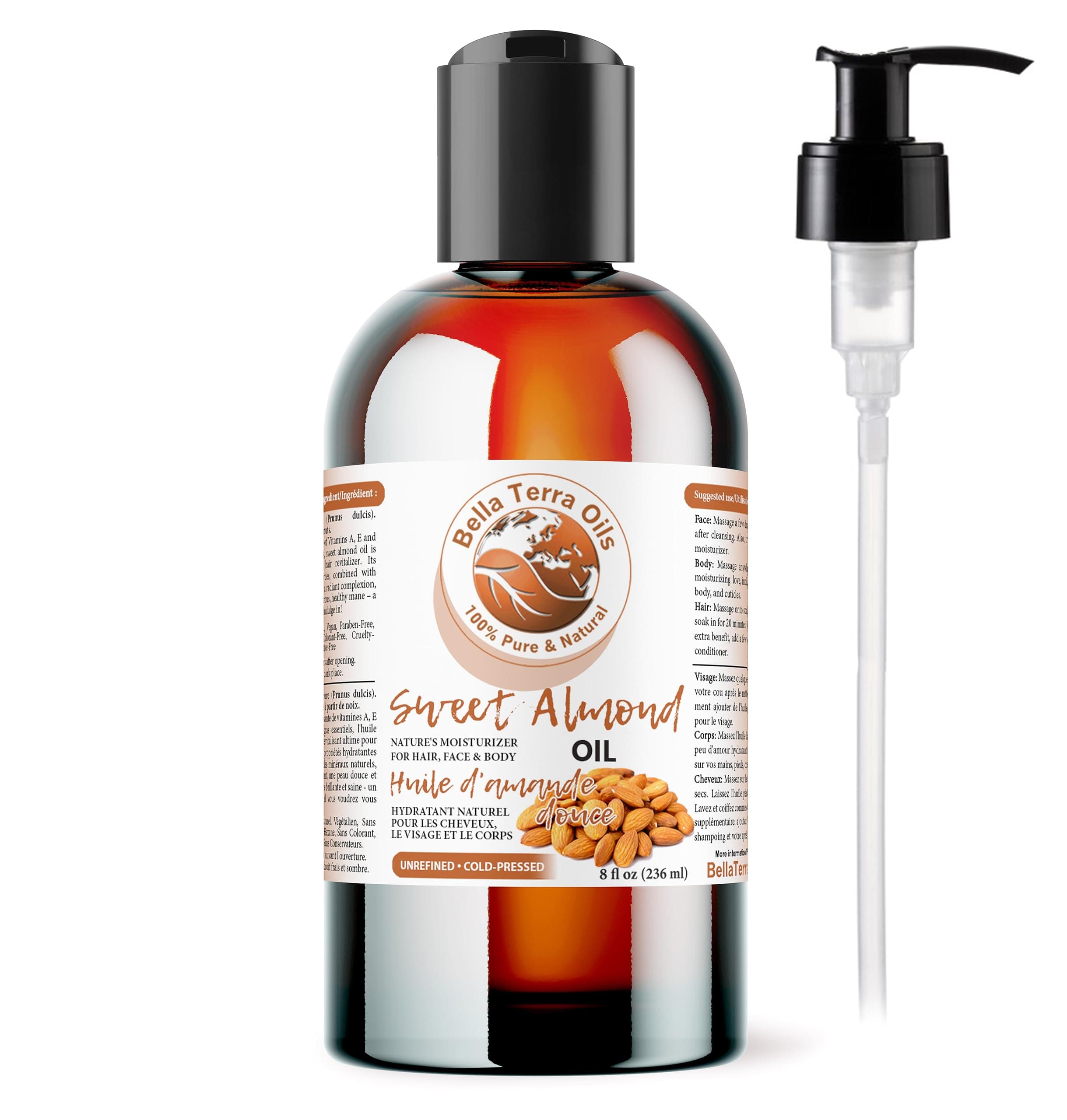 Bella Terra Oils NEW Sweet Almond Oil. 8oz. Cold-pressed. Unrefined. Organic. 100% Pure. Pasteurized. Hexane-free. Fights Wrinkles. Softens Hair. Natural Moisturizer. For Hair Face Body Nails Beard Stretch Marks.