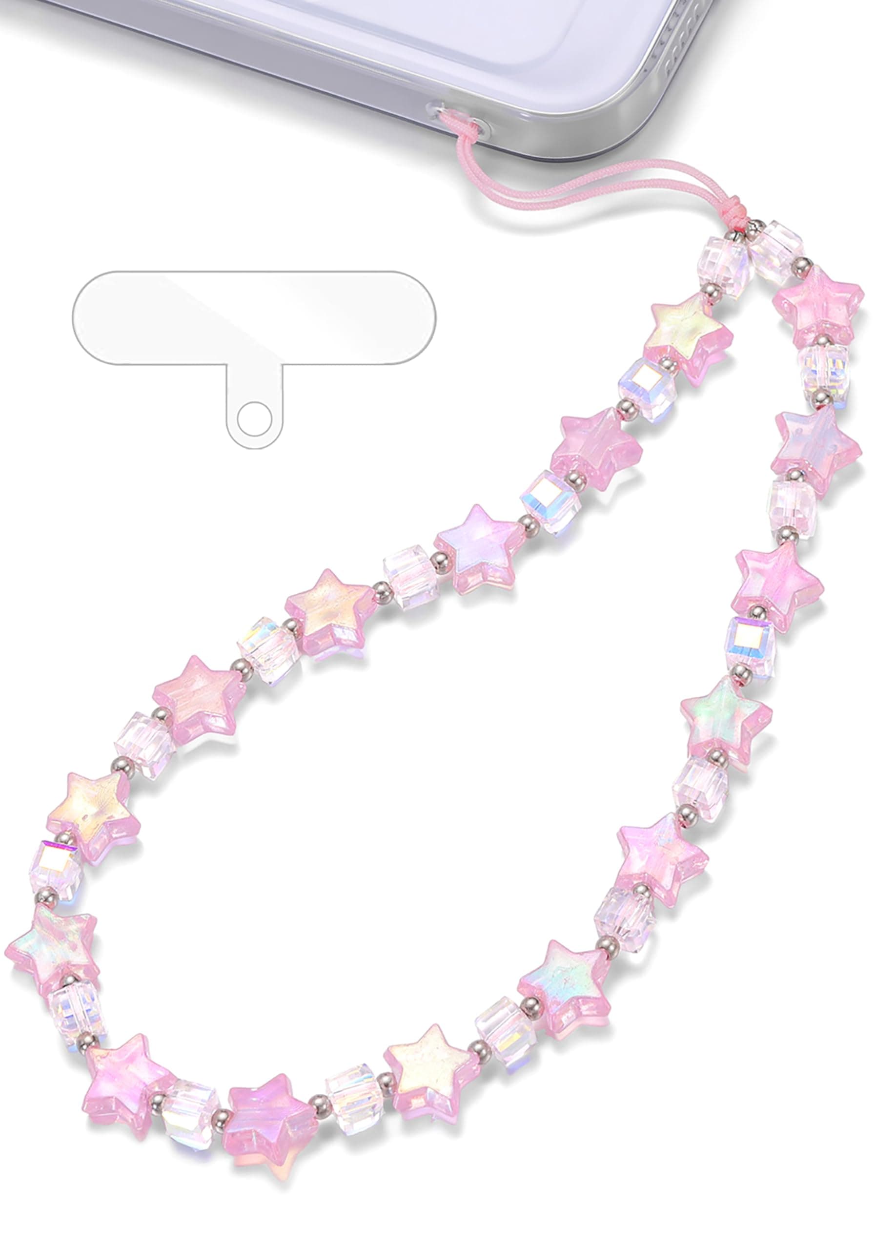Phone Charm Wrist Strap, Beaded Lanyard Wristlet Chain, Anti-Theft & Hands-Free Bracelet Strap for iPhone & More Cell Phone Cases, White Pearl Star (Pink Star)