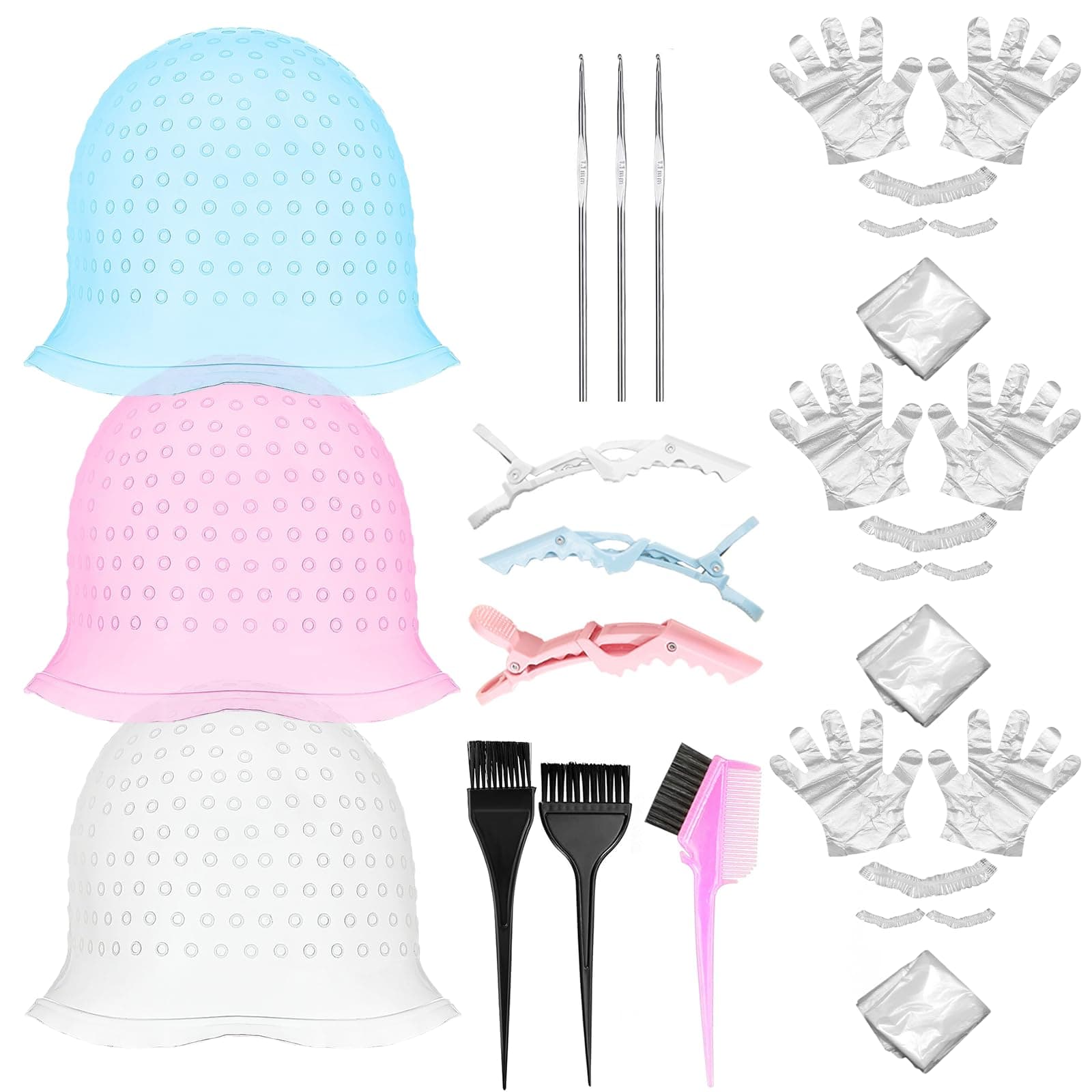 30PCS 3 Sets of Highlight Cap Kit Highlighting Cap Highlight Caps for Har, Reusable, for Men and Women Salon Hairdressing, with Crochet Hook, Hair Brush, Hair Clip, Cape, Shower Cap, Gloves, Earmuffs
