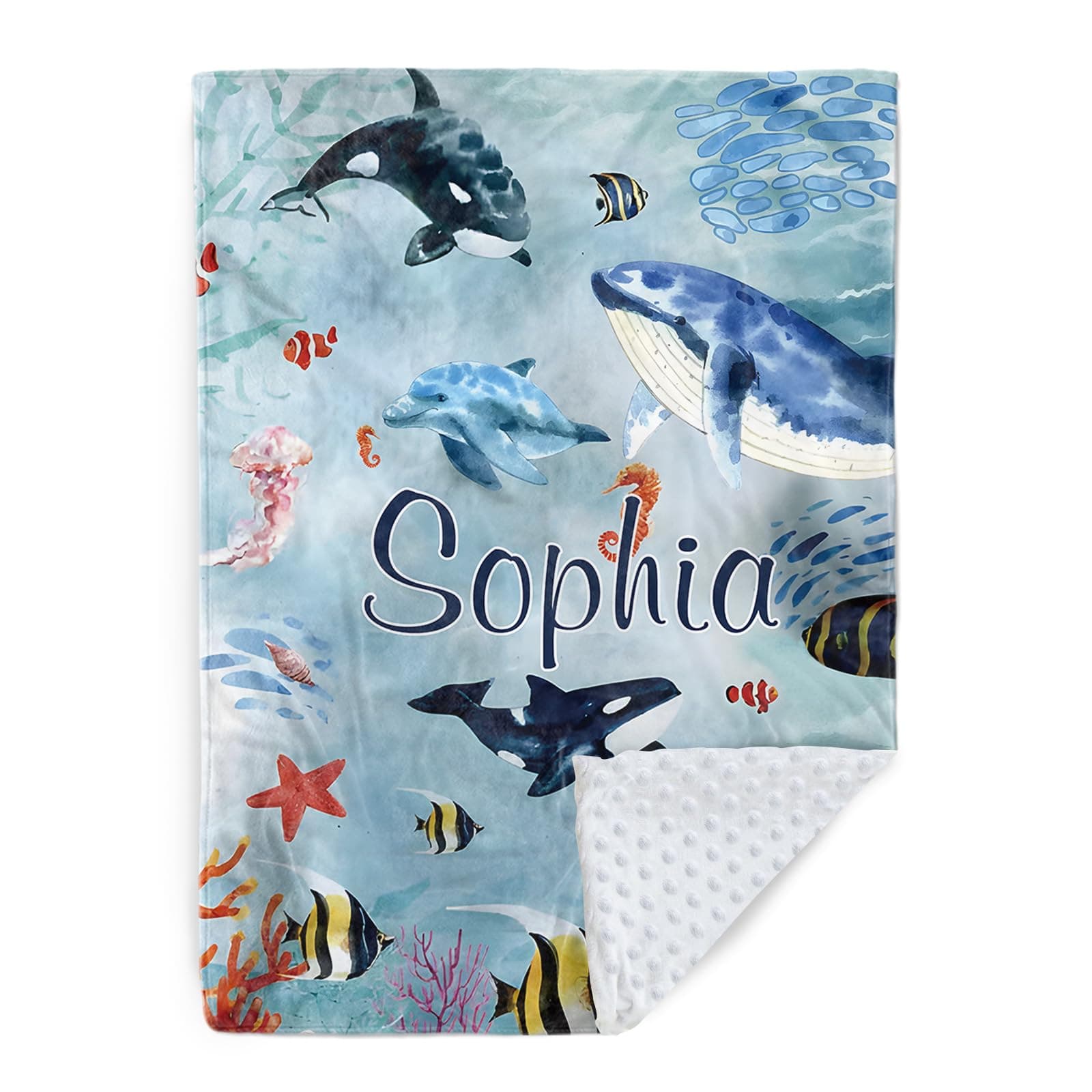 Hatchaa Custom Baby Blanket - Ocean Animals Theme Personalized Name Blanket for Boys Girls, Soft Infant Toddler Blanket with Whale and Dolphin, Customizable Nursery Bedding (47" x60)