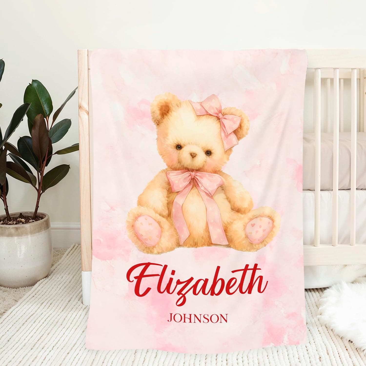 Mapileng Personalized Pink Bear Baby Blanket for Kids, Custom Blanket with Name, Baby Gifts for Newborns