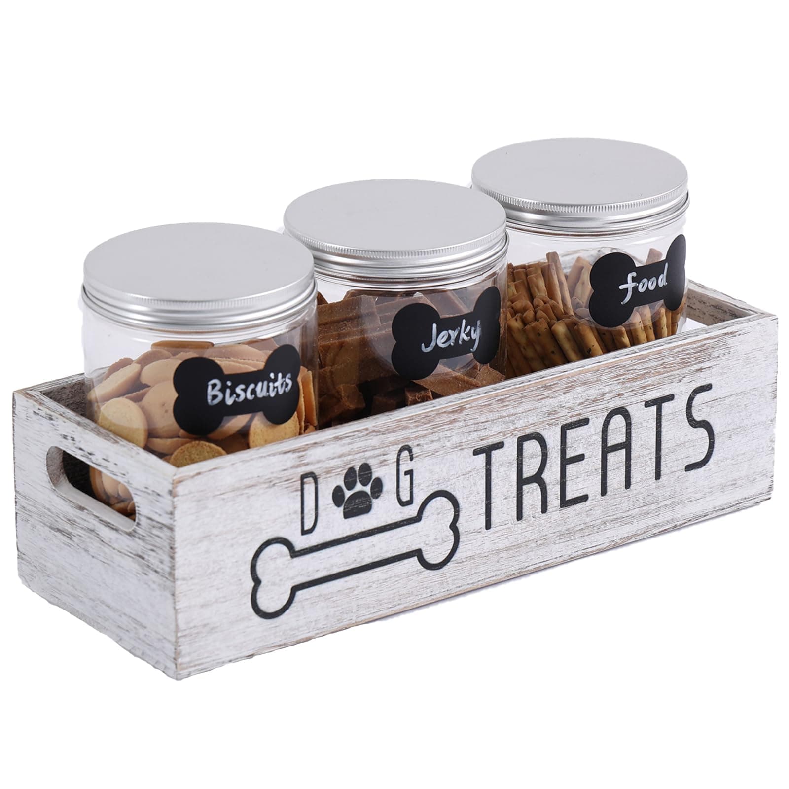 VZODESR Dog Treat Container Cat Food Organizer with 3 Jars Pet Food Storage Containers Dog Treat Station Cat Treat Storage Farmhouse Decor Gift for Pet