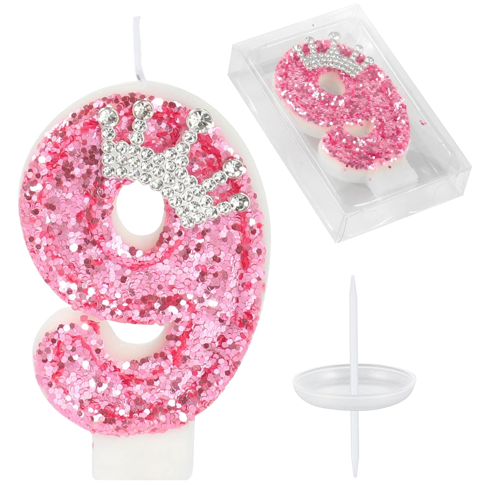 Birthday Number Candles,Pink Crown Birthday Candles for Cake,Glitter Number 9 Candle Cake Topper with Sequins for Girls,Women, Anniversary Celebrations Supplies (Pink 9)
