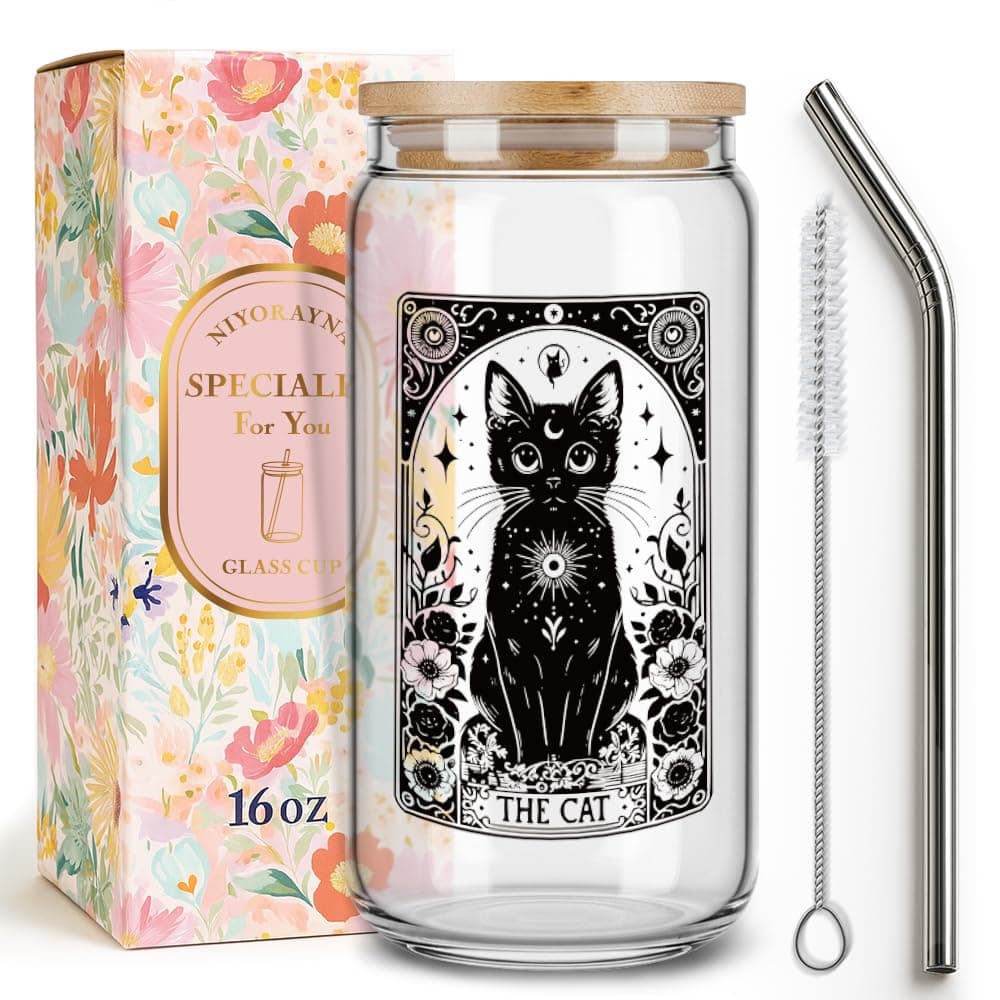 Niyorayna Cute Black Cat Lover Glass Cup Gifts for Women,Friends,Daughter,Cat Mom Dad Glass Tumbler Cup with Straw and Lid Gifts,Cats Stuff Gift for Birthday Thanksgiving Halloween,Witchy Tumbler