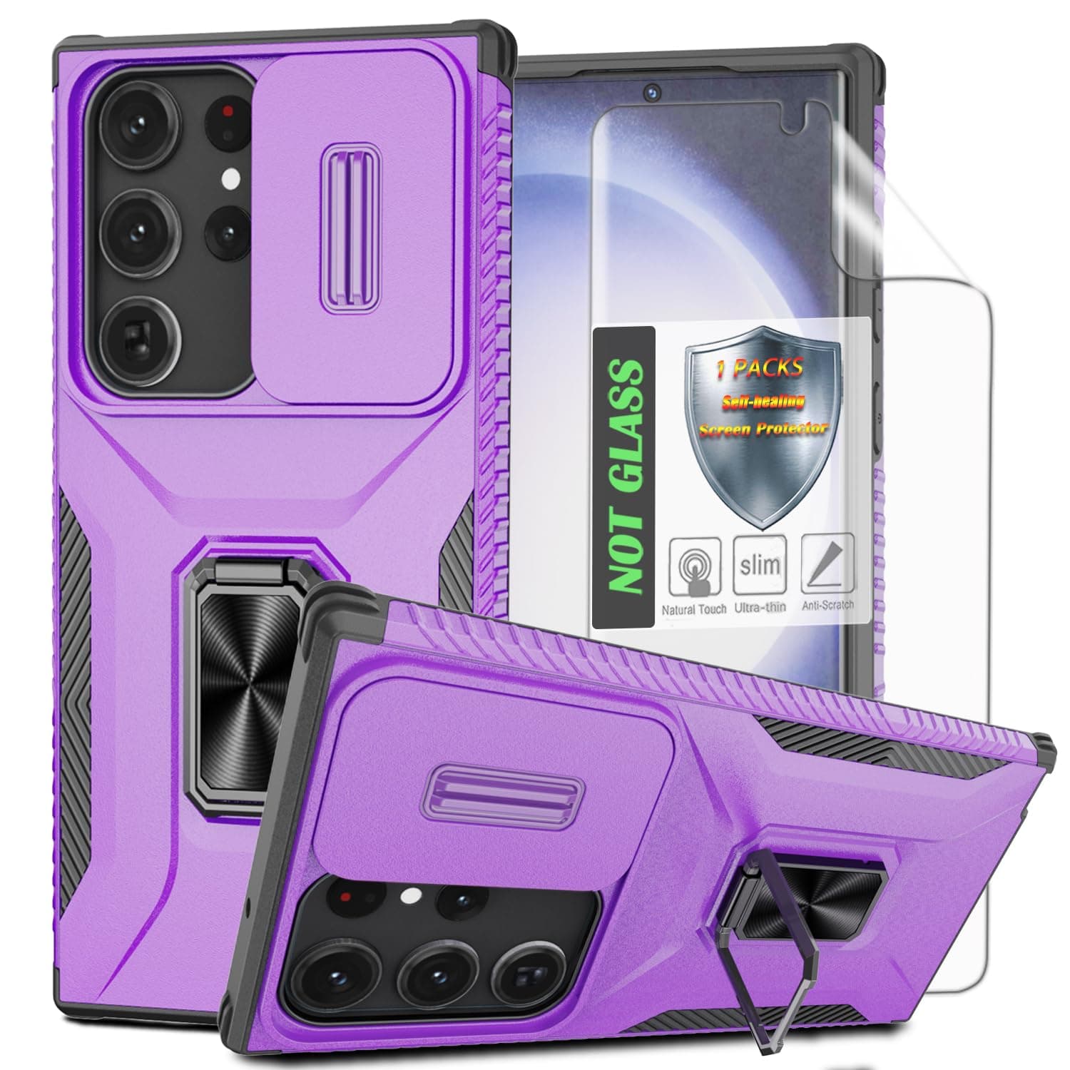 for Galaxy S22 Ultra Case with Sliding Camera Lens Cover,HD Screen Protector,360° Rotating Kickstand,AYMECL Military-Grade Shockproof Protective Cover for Samsung Galaxy S22 Ultra,Purple