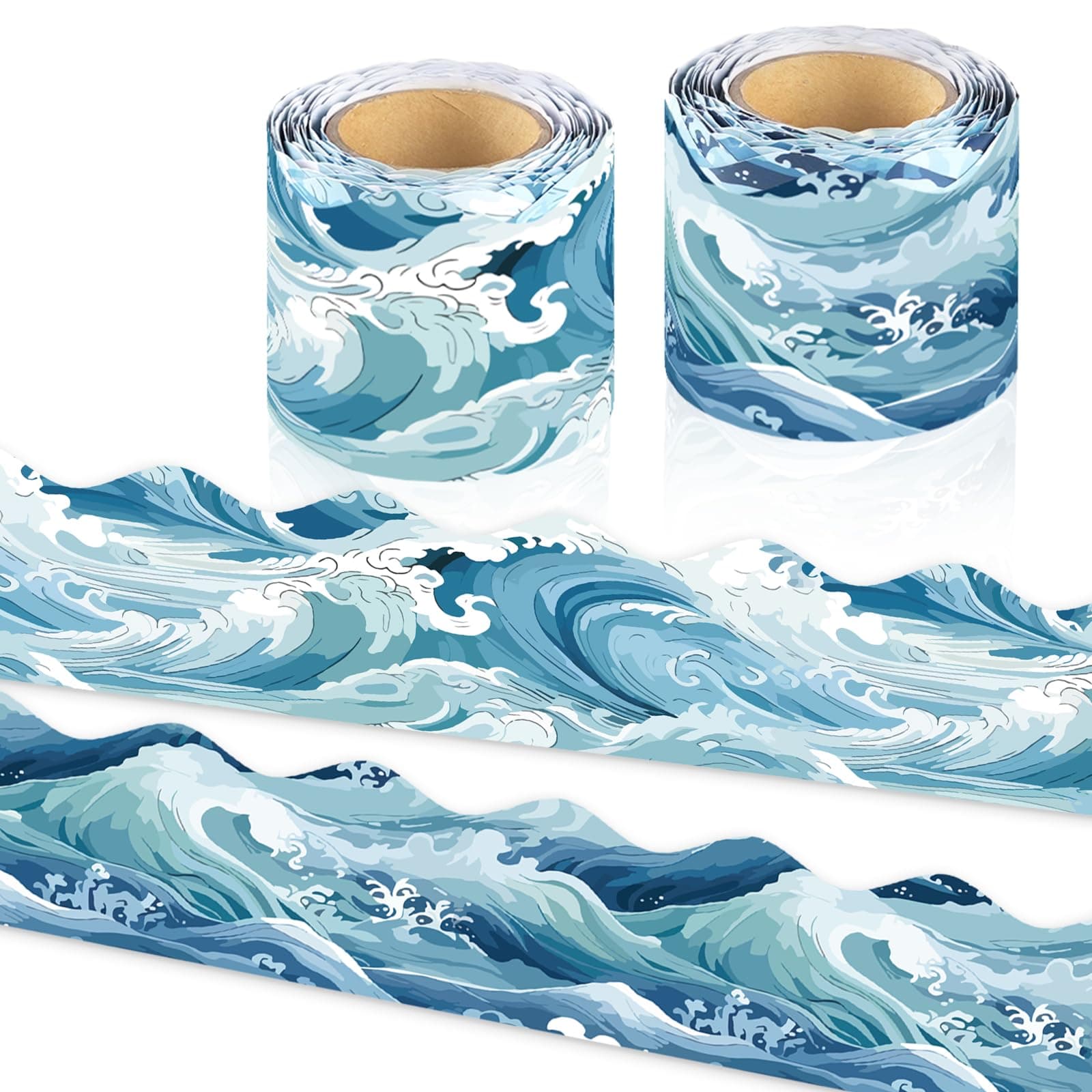 VABAMNA Ocean Waves Bulletin Board Border Decorations, 72Ft Blue Rolled Borders with Cut Rolled Trim Border Under The Sea for School Classroom Office Door Wall Chalkboard Decor 2 Designs