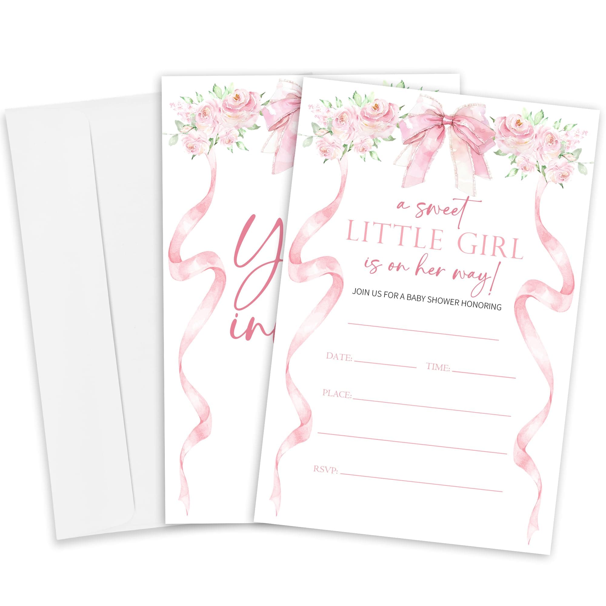 Set Of 25 A Sweet Little Girl Baby Shower Invitations - Pink Bow & Blush Flowers Invited Cards with Envelopes - Announcement Invites for Girls, Gender Reveal Party Supplies & Decor(4x6 inches) - A04