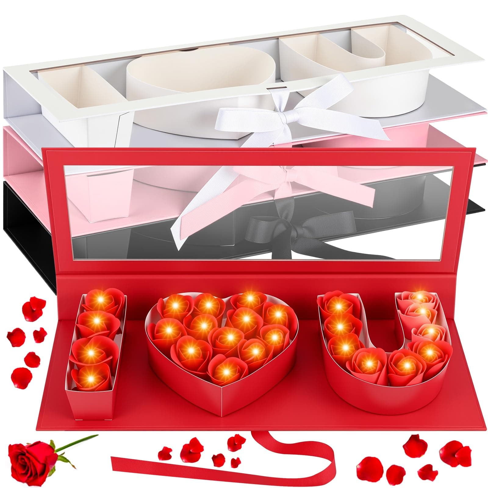 Weekgrat 4 Pack Valentines Empty I Love You Fillable Flower Gift Boxes with LED Light Cardboard Heart Letter Floral Boxes with Clear Window for Valentine's Day Gift (White,Pink,Red,Black)