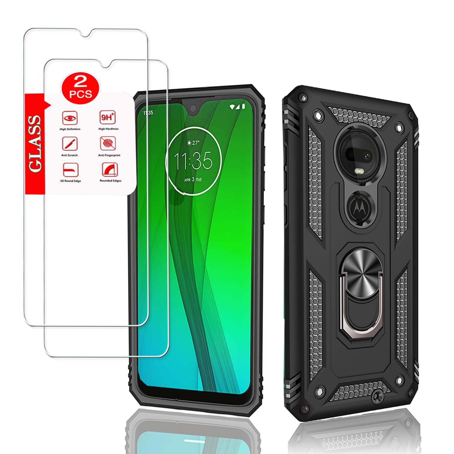 Anvzle for Motorola Moto G7 / G7 Plus Case with [2 Pack] Glass Screen Protector, Moto G7 Plus Case Heavy Duty Shockproof Armor [Military-Grade] Protective，with Magnetic Ring Stand Phone Cover (Black)