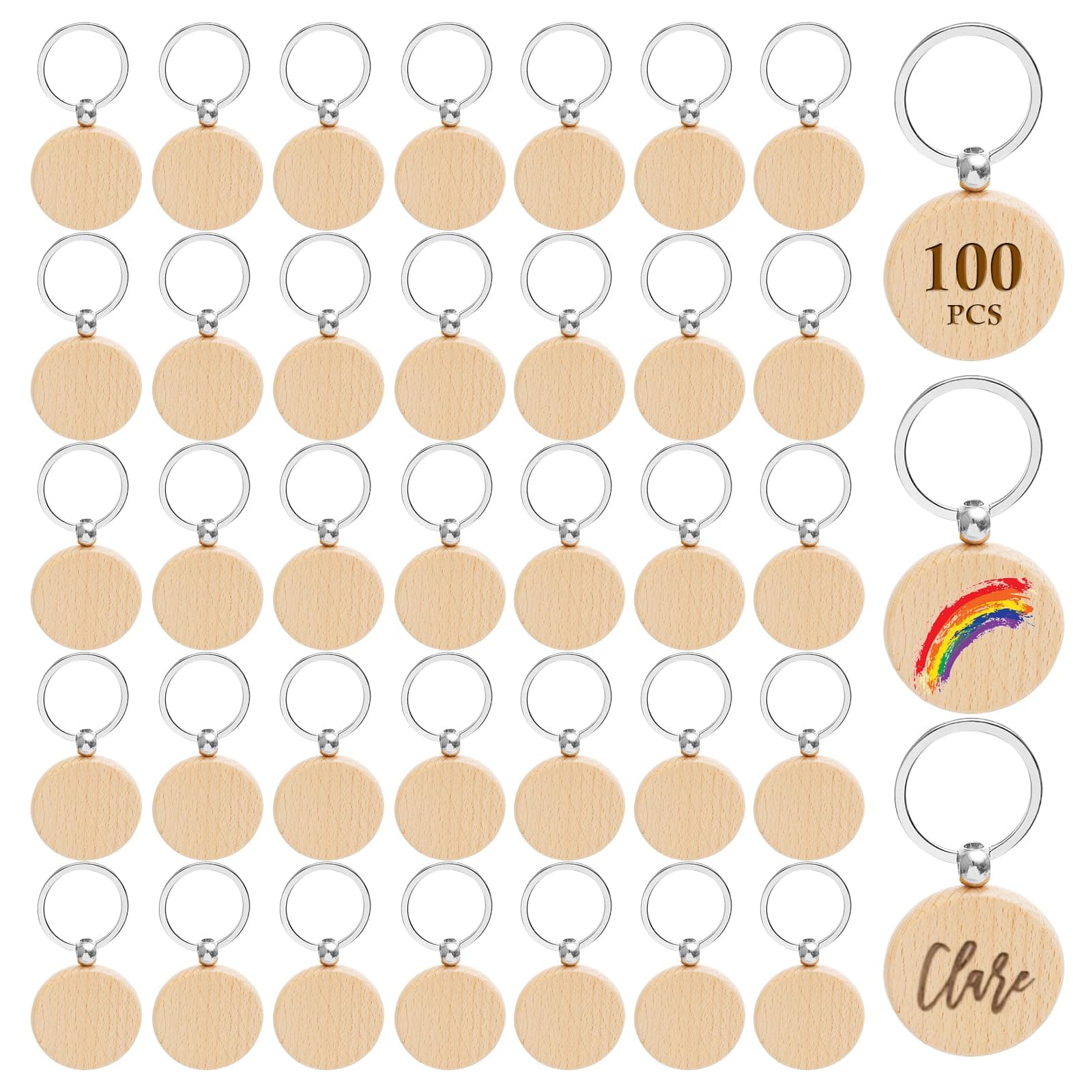 100 Pcs Wooden Keychain Blanks Round Wooden Blank Keychains Wood Key Chain Bulk Voittozege Unfinished Blanks Wood Keychains Blank Wooden Key Tag for DIY Gift Craft Supplies