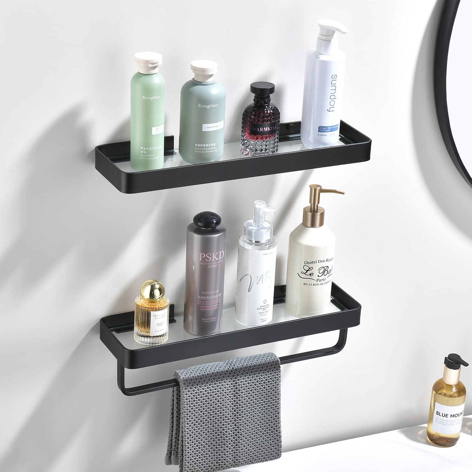 Glass Shelves for Bathroom, 2-Tier Bathroom Wall Organizer Wall Mounted Floating Shelf, 15.7” Tempered Glass Shelving, Matte Black