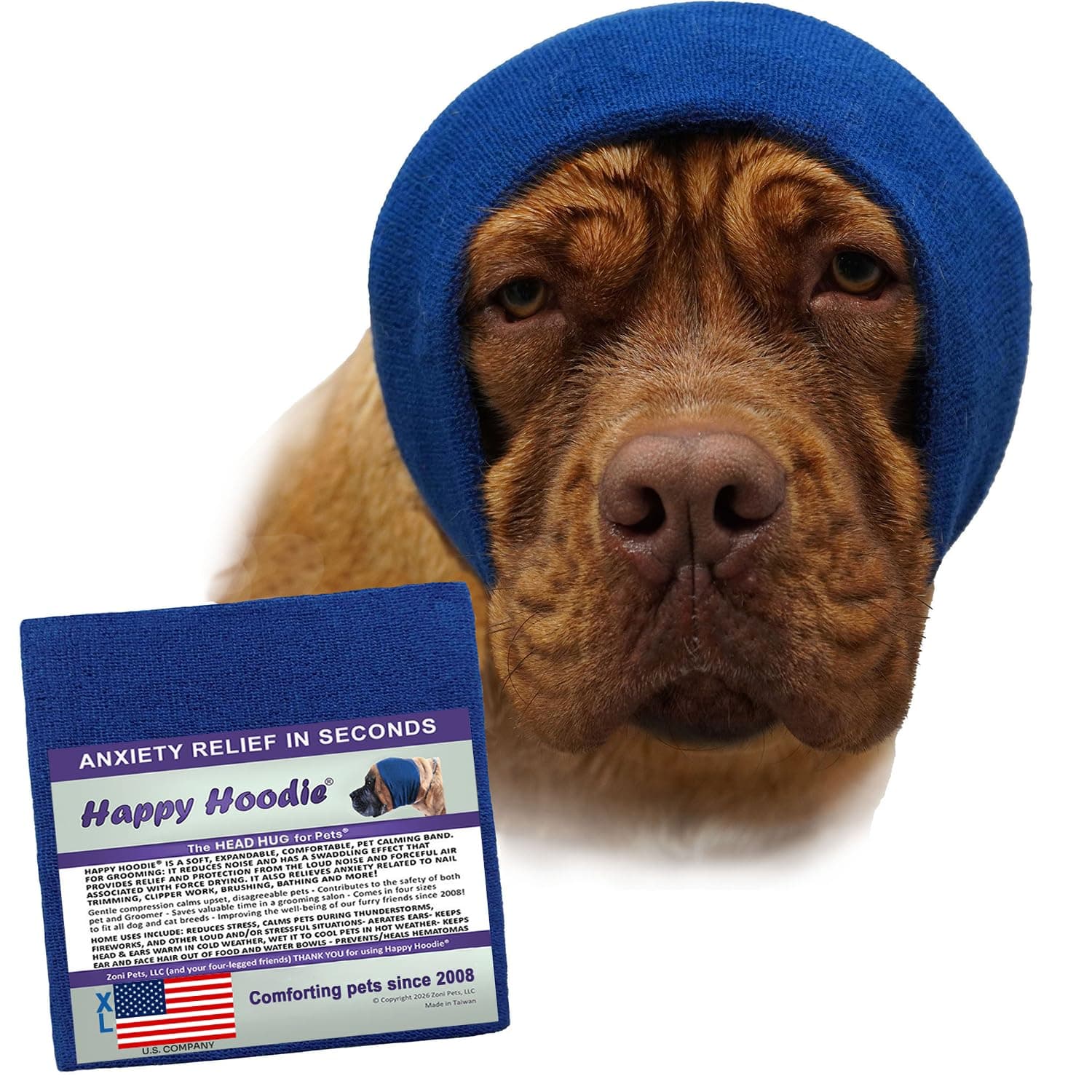Happy Hoodie The Original Dog & Cat Calming Band - American Brand - Anxiety Relief/Noise Protection-Grooming-Thunder-Fireworks (X-Large, Blue) - Since 2008