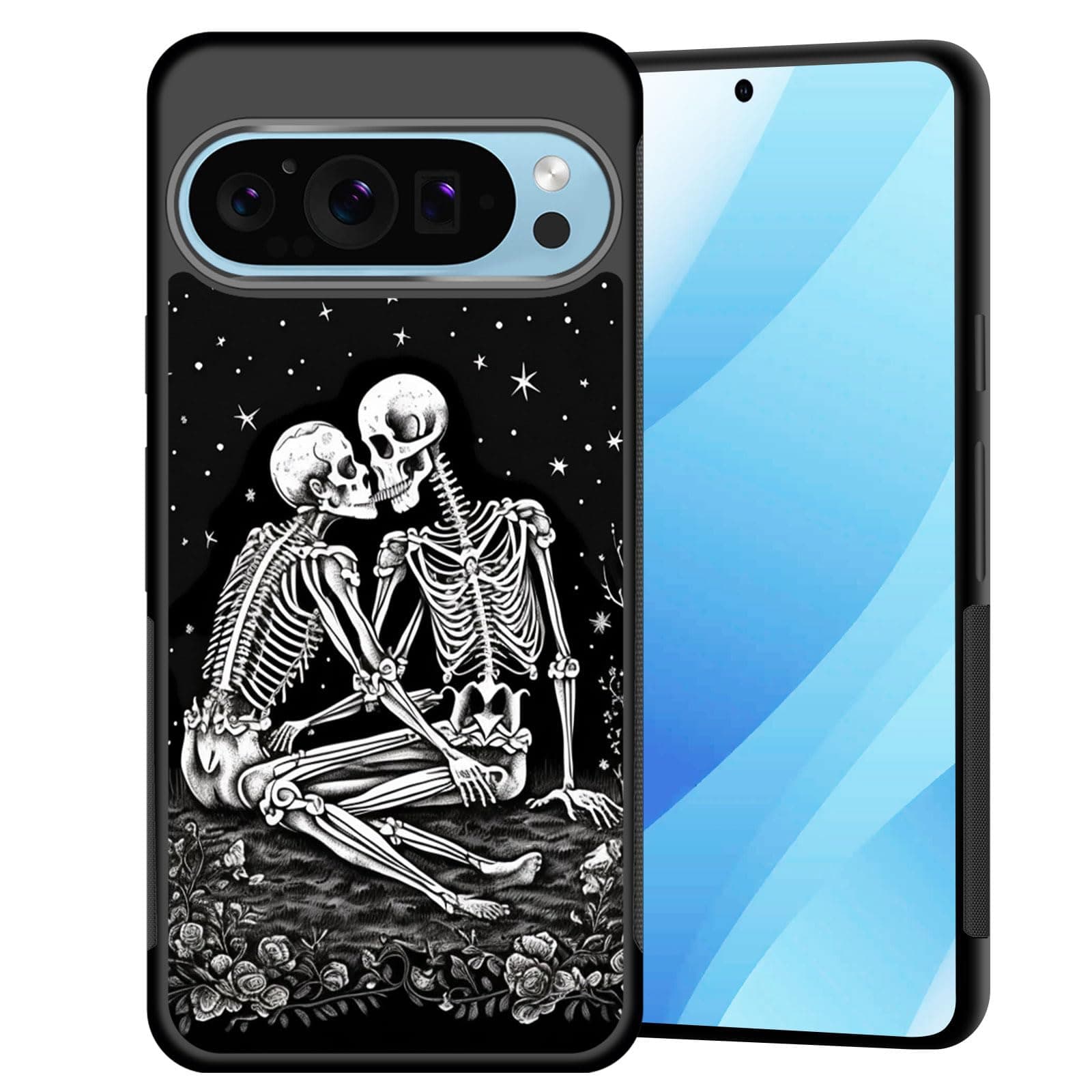 BFUKVOU for Pixel 9 Pro XL Case,Hard PC+Soft TPU Bumper Anti-Slip Ultra Thin Cover Protective Shockproof Case for Google Pixel 9 Pro XL 2024,Skulls Kissing Lovers Skeleton