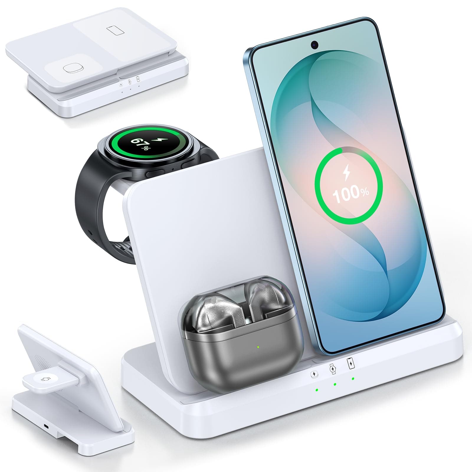 EGV Wireless Charger for Samsung – 3 in 1 Wireless Charging Station for Galaxy S25 Ultra S24 S23, Z Fold Flip 7/6, Detachable Watch Charger for Galaxy Ultra 8/7, Foldable, No Adapter, White