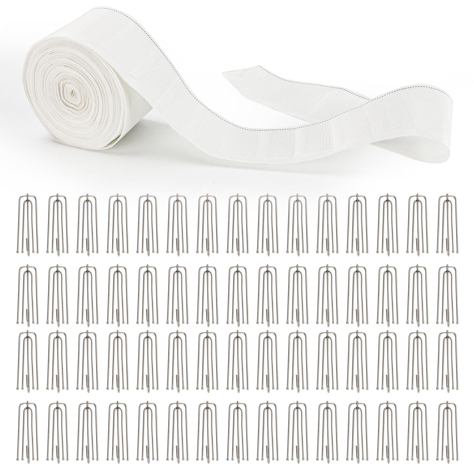 Curtain Pleat Tape with 75 Hooks, 17 Yards / 15.5 Meters Pleater Tape for Curtains, 75Pcs Stainless Steel 4-Prong Hooks, Curtain Pleater Tape and Hooks Set (White Curtain Tape, 17Yards/75Pcs)