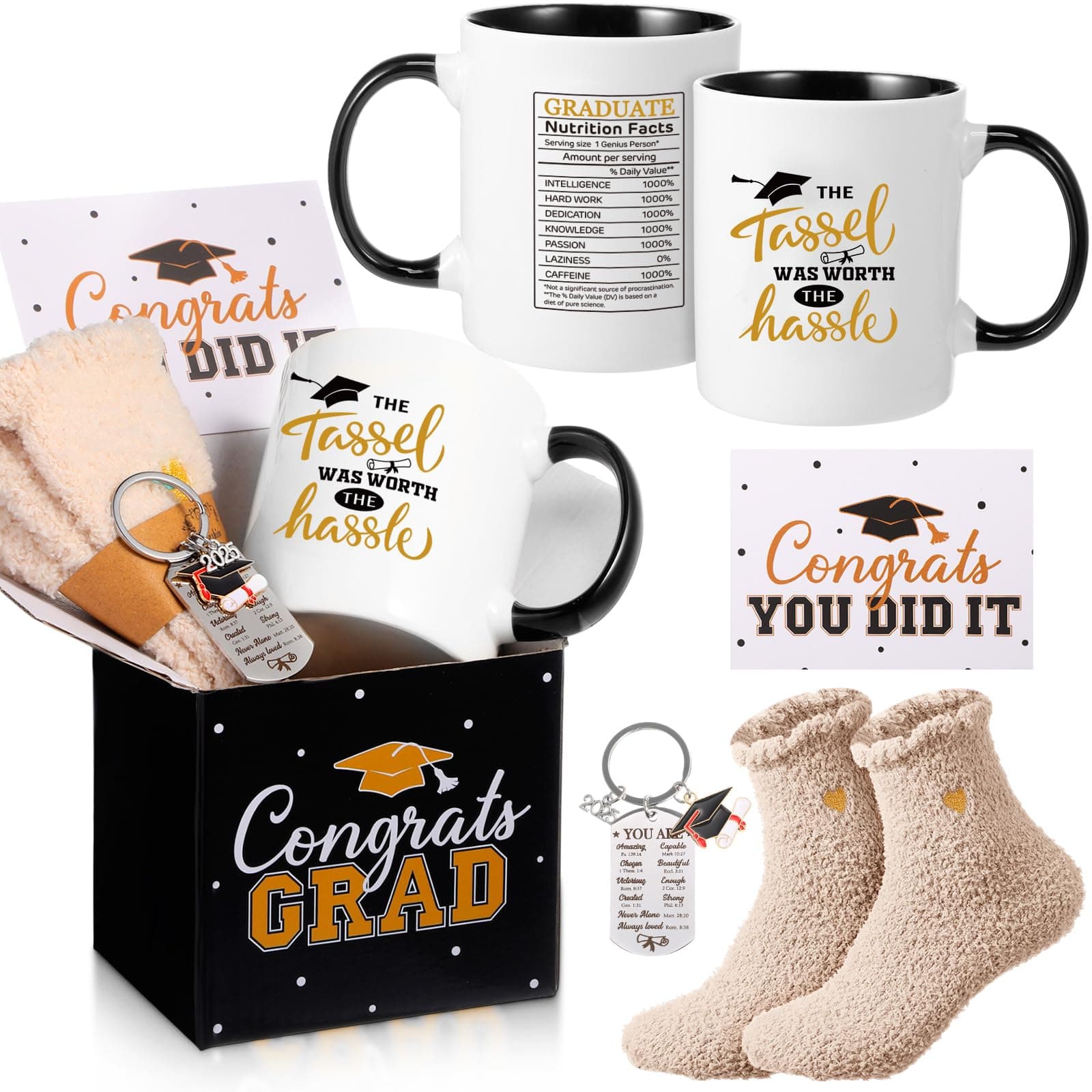 Blosssound 2025 Graduation Gifts Set for Her Congrats Grad Gift Set Include Double Sided Coffee Mug Bible Keychain Grad Present Box Socks and Card for High School College Graduated Congratulations