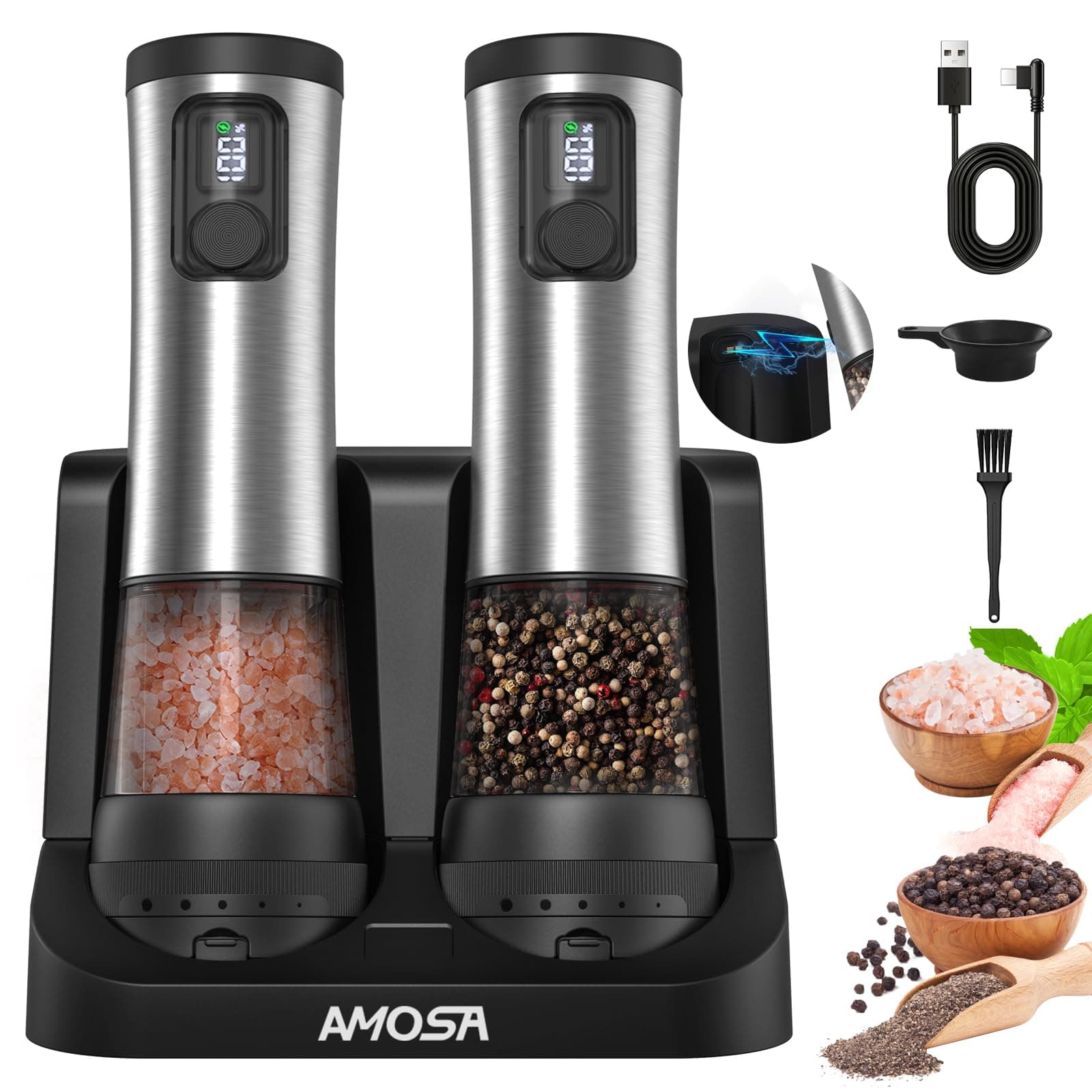 Electric Salt and Pepper Grinder Set, Battery Display Rechargeable Base