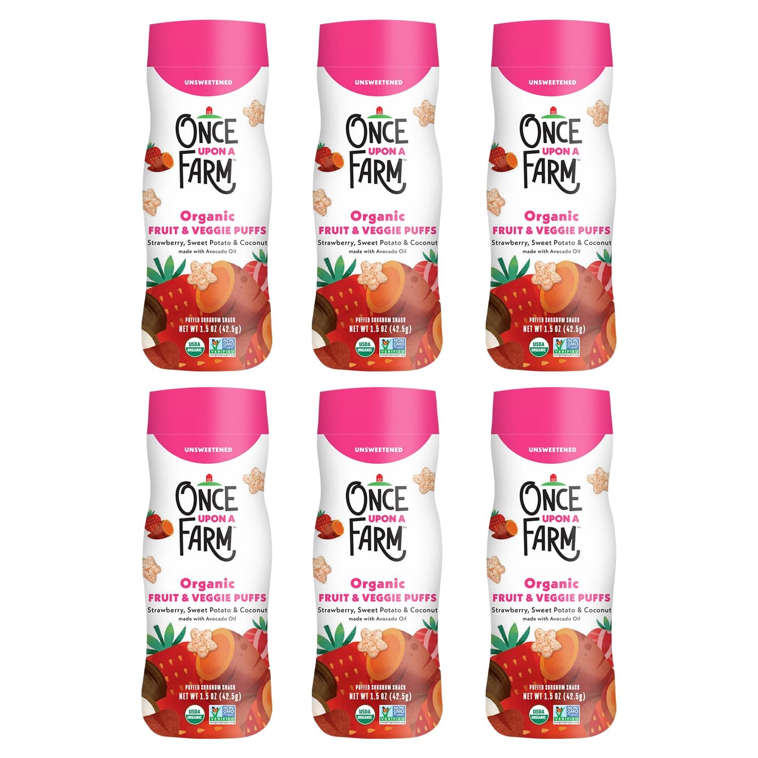 Once Upon A Farm Strawberry, Coconut & Sweet Potato Puffed Sorghum Snack, Fruit & Veggie Puffs, Non GMO, 1.5 Ounces (Pack Of 6)