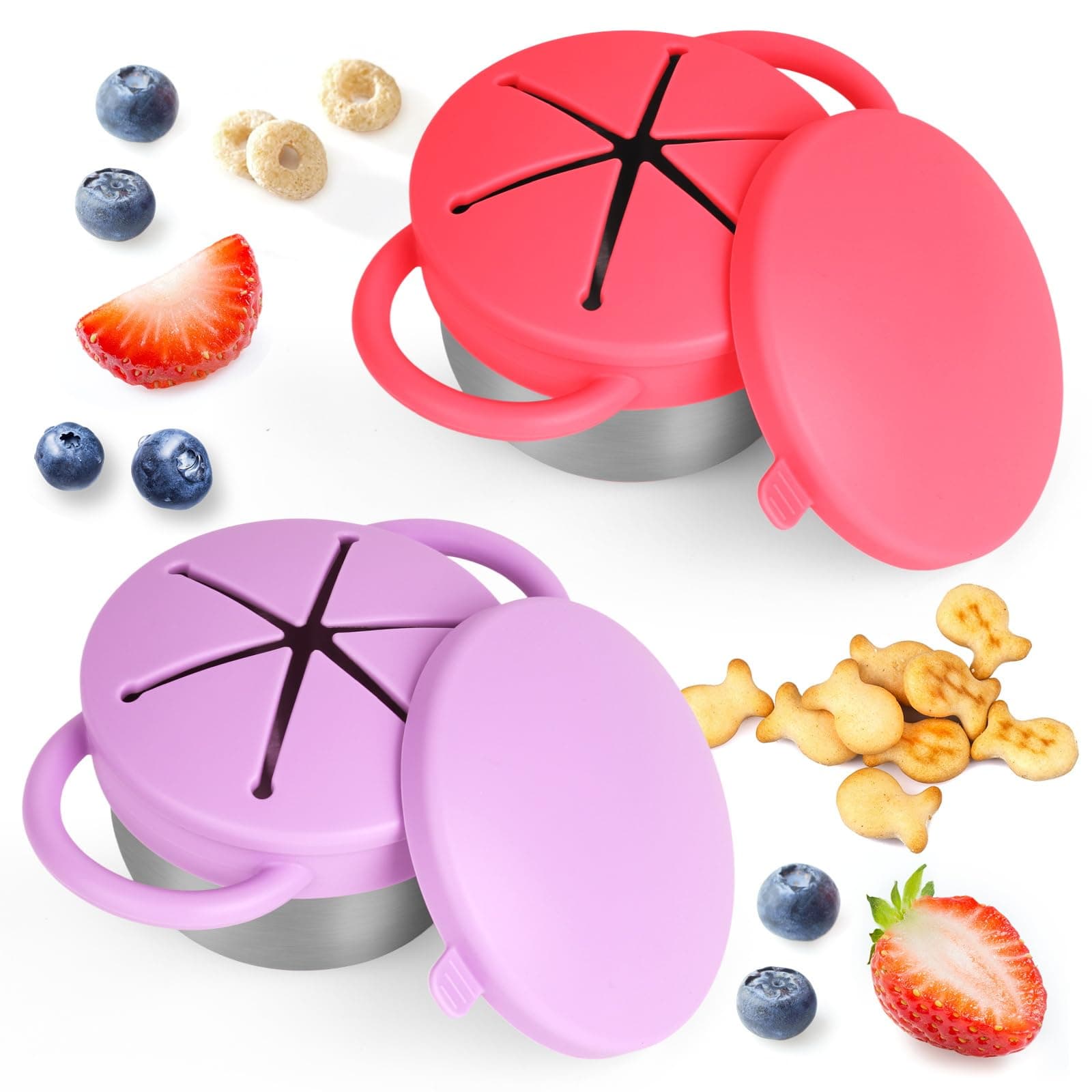 2 Pack Snack Cups for Toddlers Spill Proof - Detachable Stainless Steel Toddler Snack Cups with Silicone Lids & Handles (Red and Purple)