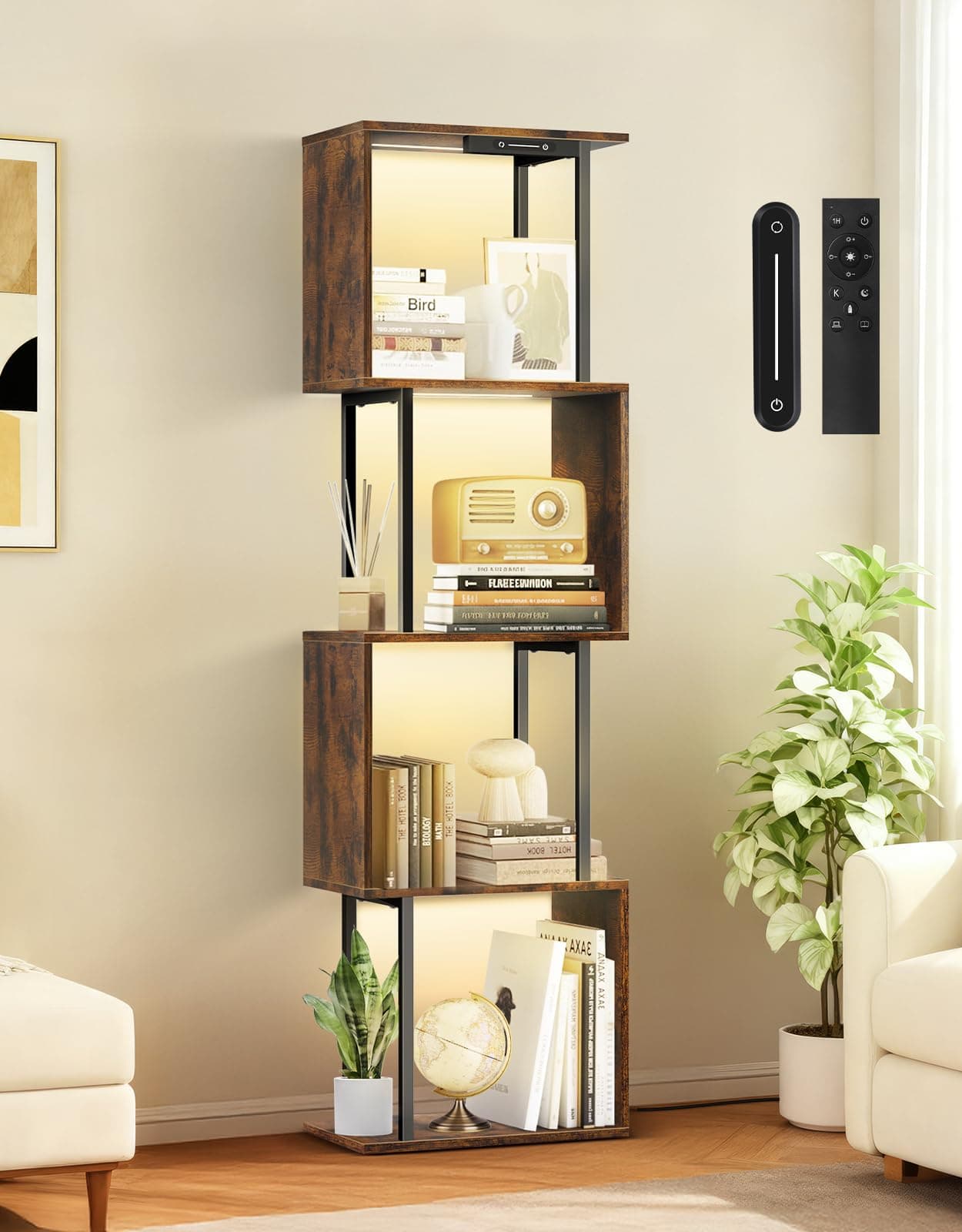OUTONLIFE 5-Tier S-Shaped Geometric Bookshelf with LED Light, 3 Color Temperatures, Touch & Remote Control, Dimmable Standing Bookcase, Small Display Shelf for Living Room, Bedroom, Office