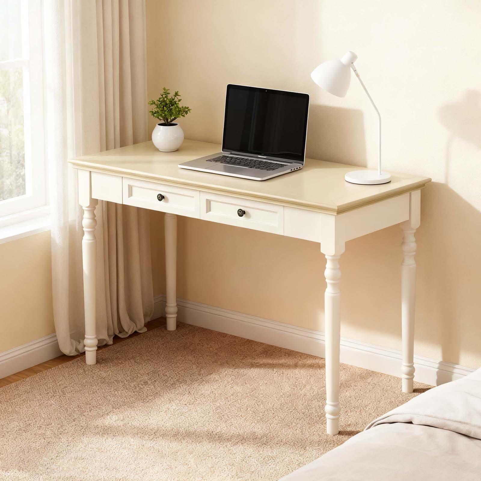 Conabaen Beige Writing Desks with Drawers, 47" French Country Style