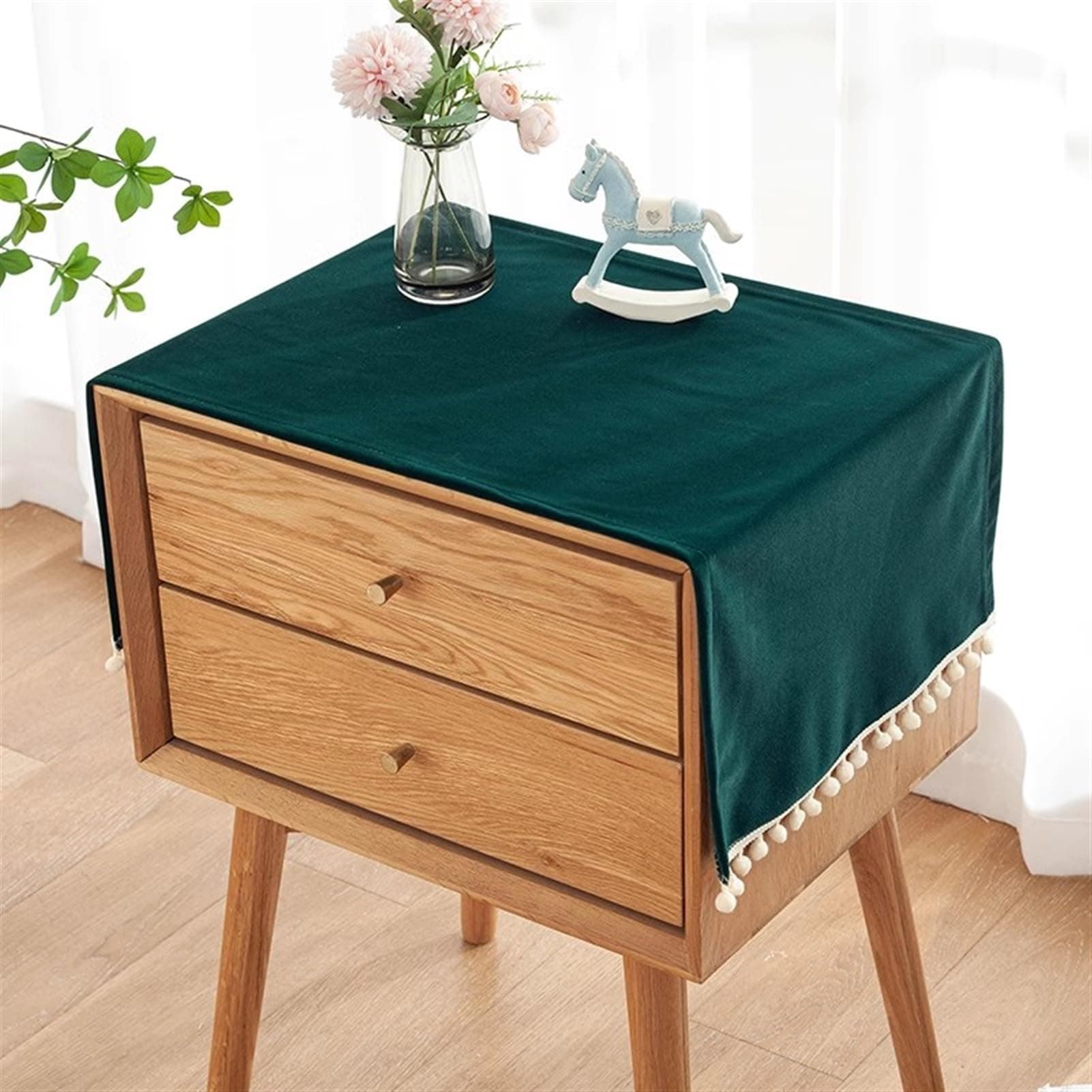 Heavyoff Bedside Tablecloth for Nightstand, Rectangle Tassel Table Cover Farmhouse Nightstand Mat Protector Refrigerator Dust Cover, Dark Green 1, 18x32 Inch