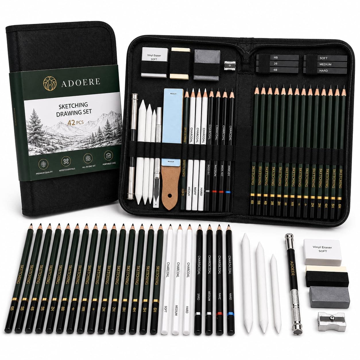 ADOERE 42 Pcs Professional Sketching Kit with Sharpener & Zippered Carry Case — Complete Graphite, Charcoal & Shading Pencil Set for Beginners & Artists