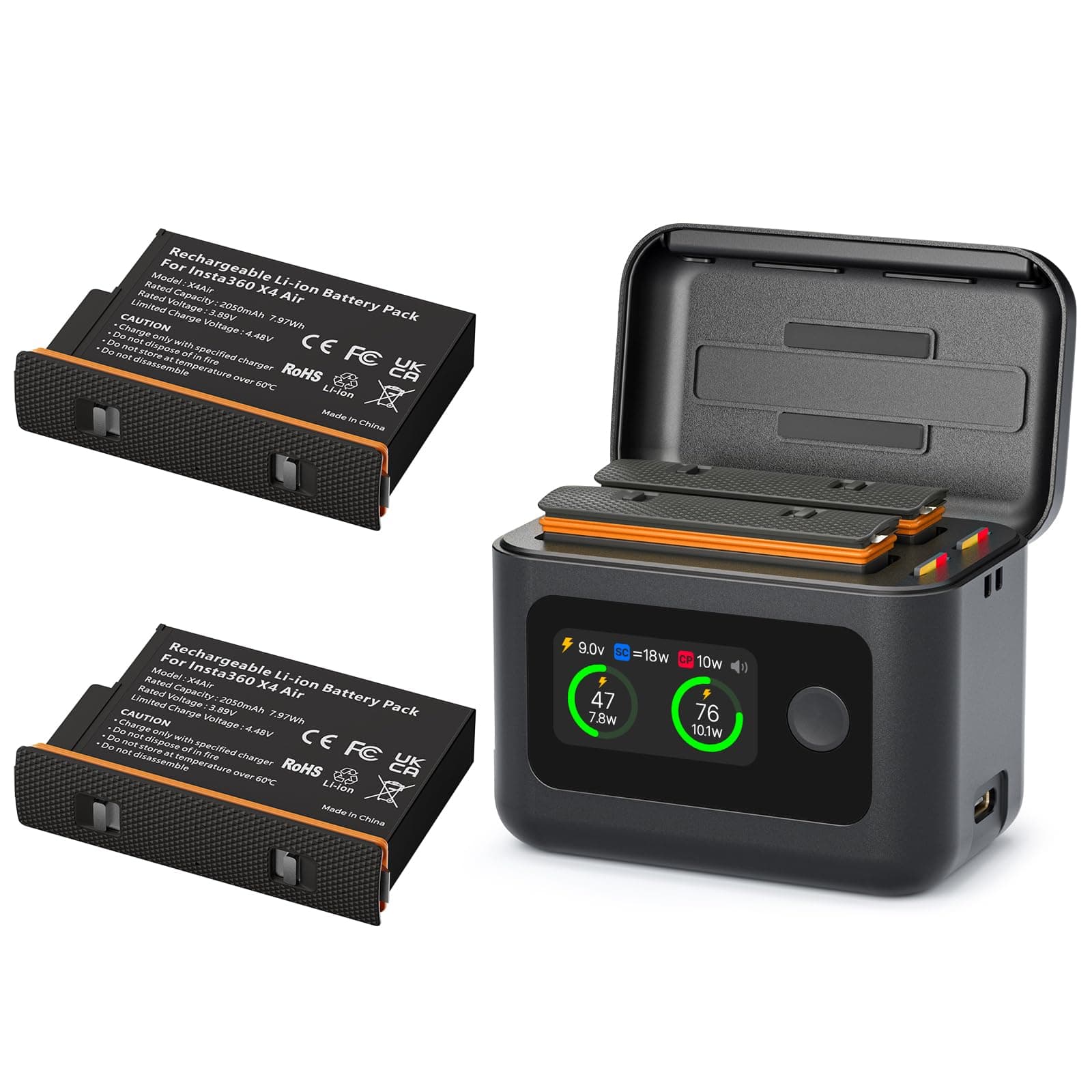 Rszfnjxry Insta 360 X4 Air Batteries(2 Packs) with Fast Charge Hub 27W Dual Fast Charging Case w/LCD Display, Intelligent Two Way Charger Hub for Insta360 X4 Air,Shows Battery SOC
