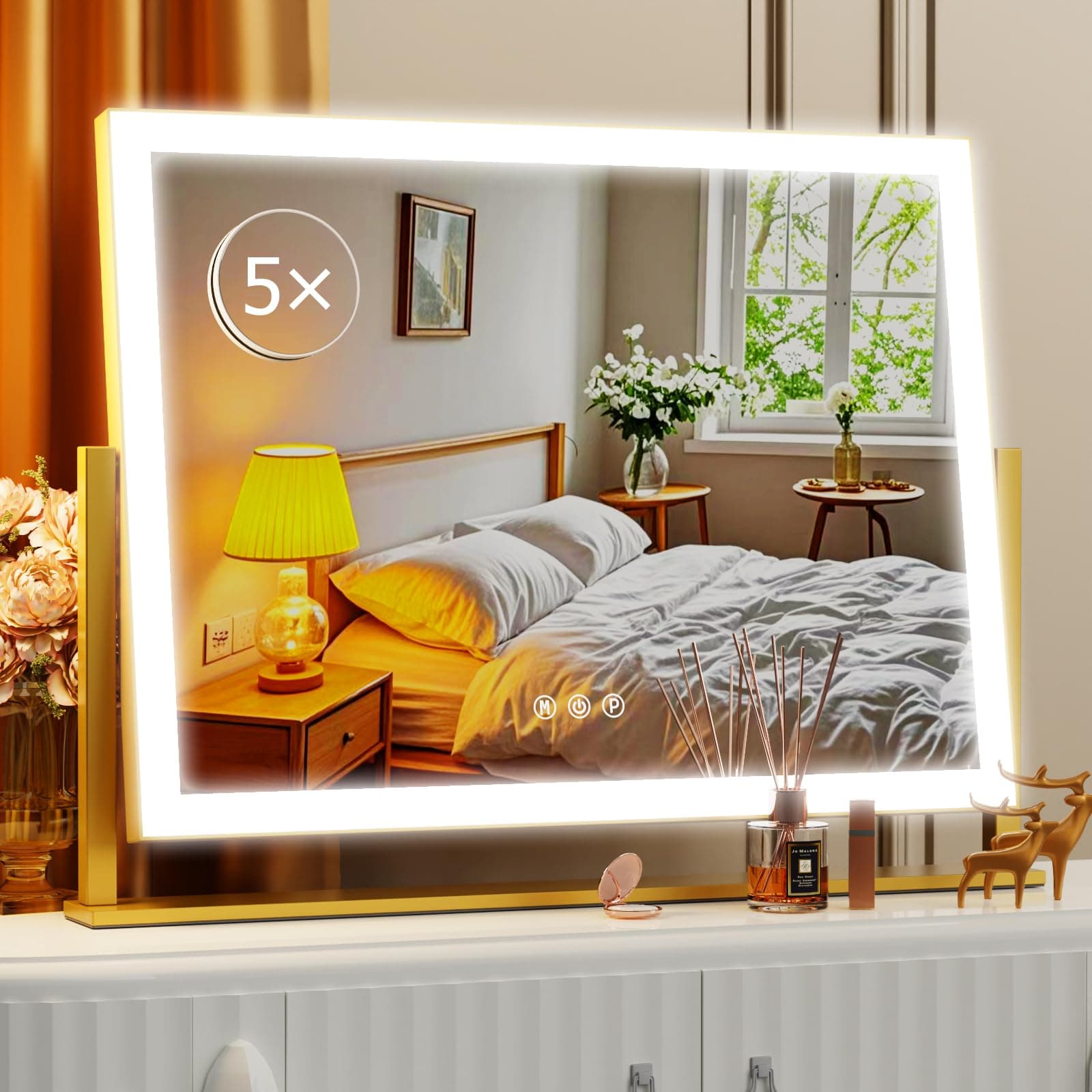 Gvnkvn Makeup Vanity Mirror 12.2" x 12.5" Large LED Makeup Mirror, Desk Mirorr with Lights, Light up Mirror with 10X Magnification and, Dimmable 3 Modes, Touch Control Gold
