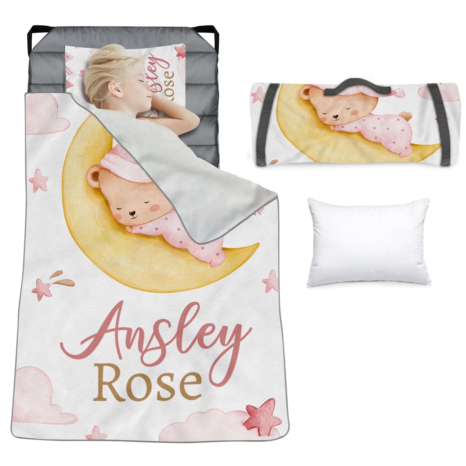 YISMEET Personalized Toddler Nap Mat for Girls – Custom Name Sleeping Mat with Moon Sleeping Bear Theme, Kids Cot Nap Mat with Pillow and Blanket, Roll-Up Preschool Daycare Slumber Bag